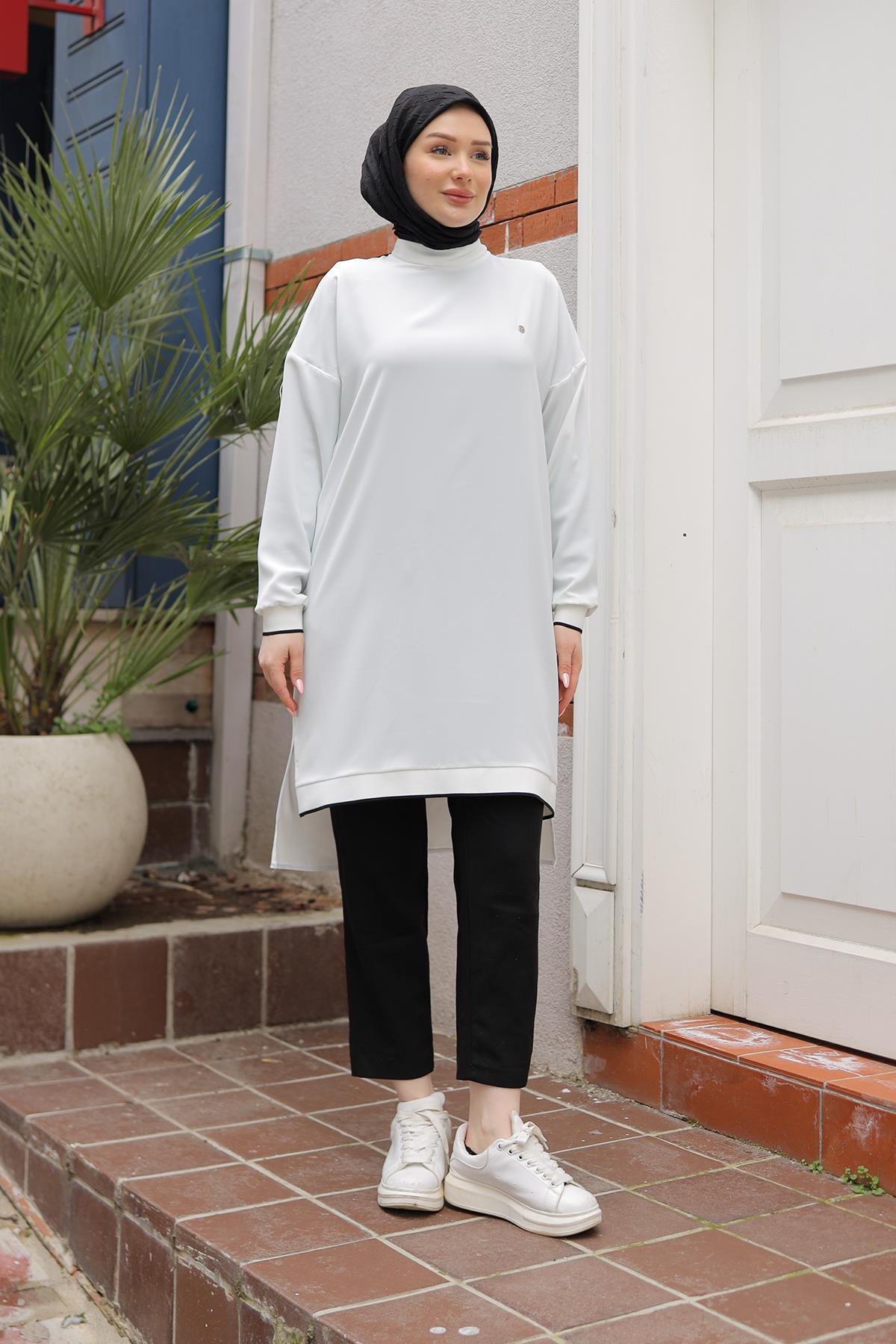 ARMİNE TREND Kolları Ribanalı Arkadan Uzatmalı Basic Tunik-Beyaz 25YT449