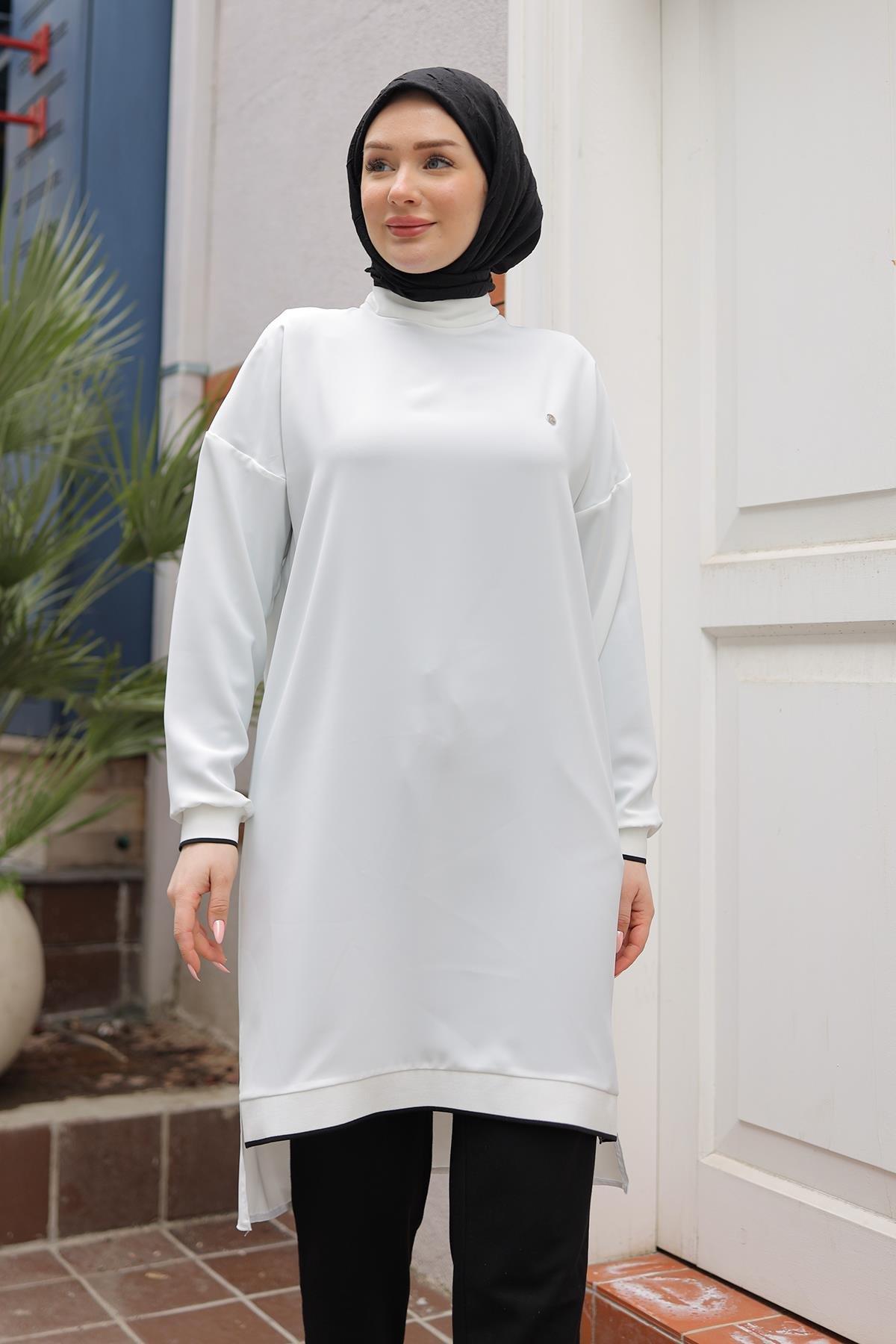 ARMİNE TREND Kolları Ribanalı Arkadan Uzatmalı Basic Tunik-Beyaz 25YT449