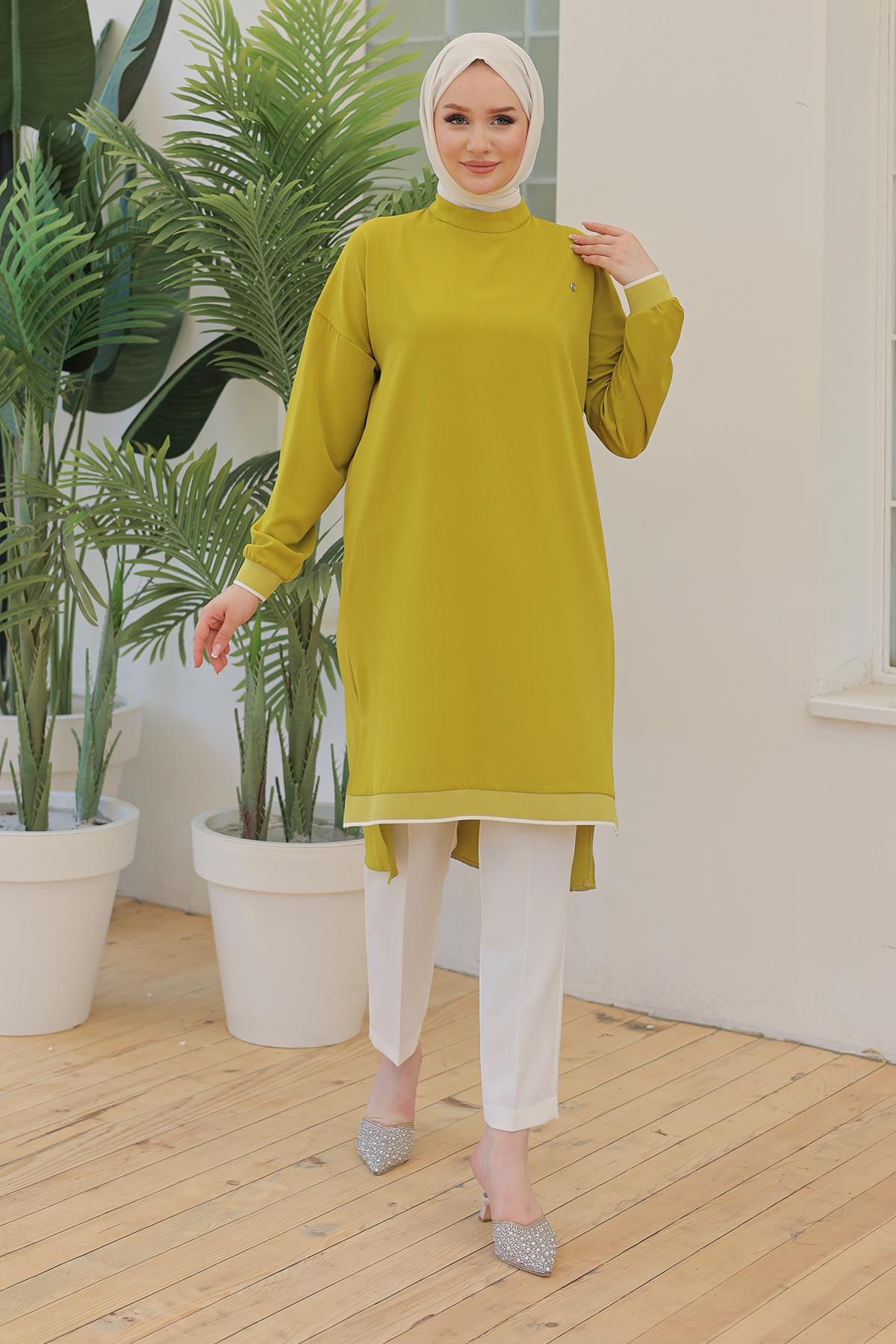 ARMİNE TREND Kolları Ribanalı Arkadan Uzatmalı Basic Tunik-Fıstık Yeşil 25YT449