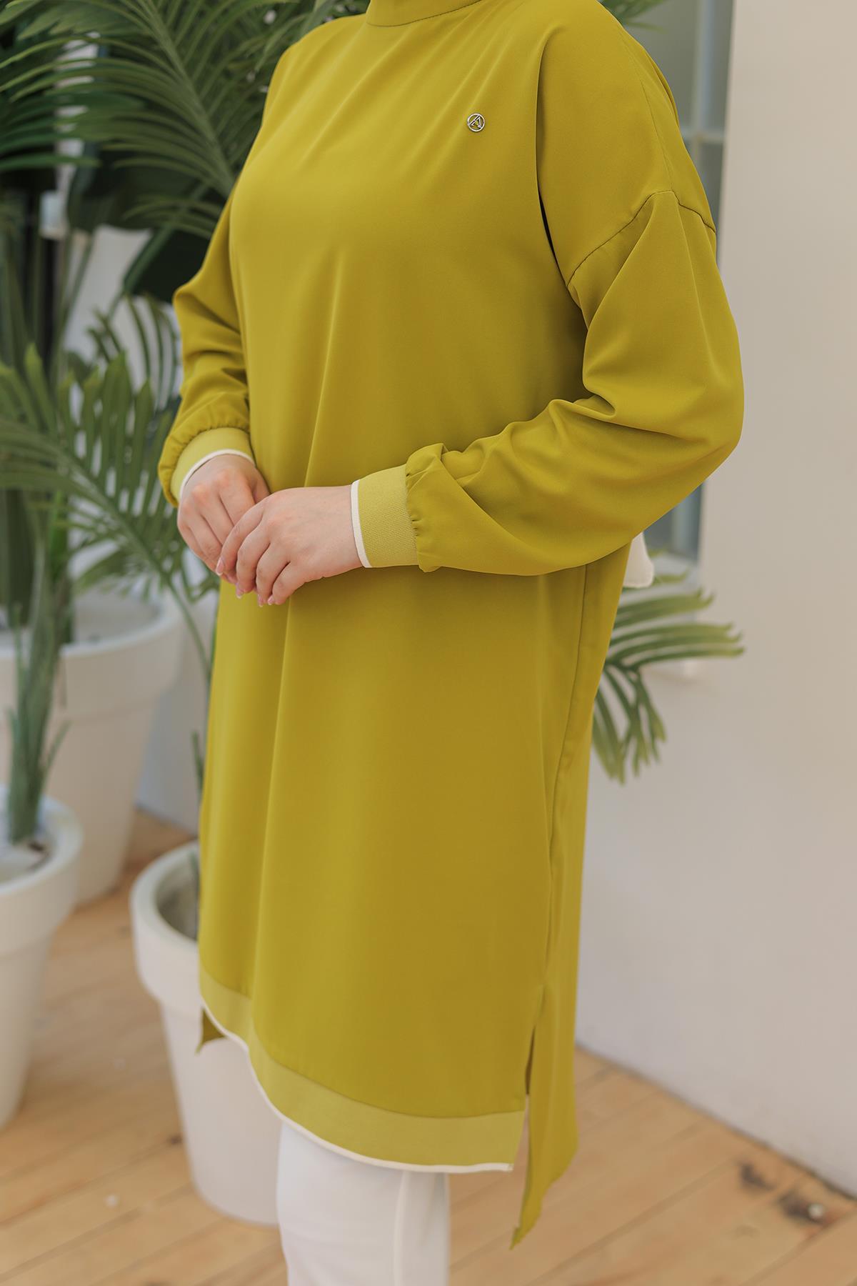 ARMİNE TREND Kolları Ribanalı Arkadan Uzatmalı Basic Tunik-Fıstık Yeşil 25YT449