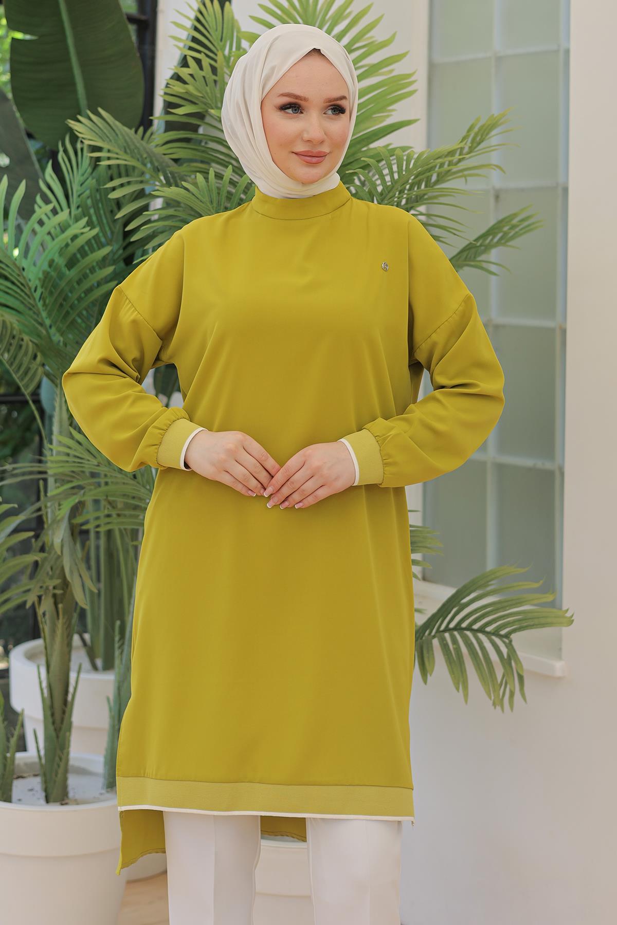 ARMİNE TREND Kolları Ribanalı Arkadan Uzatmalı Basic Tunik-Fıstık Yeşil 25YT449