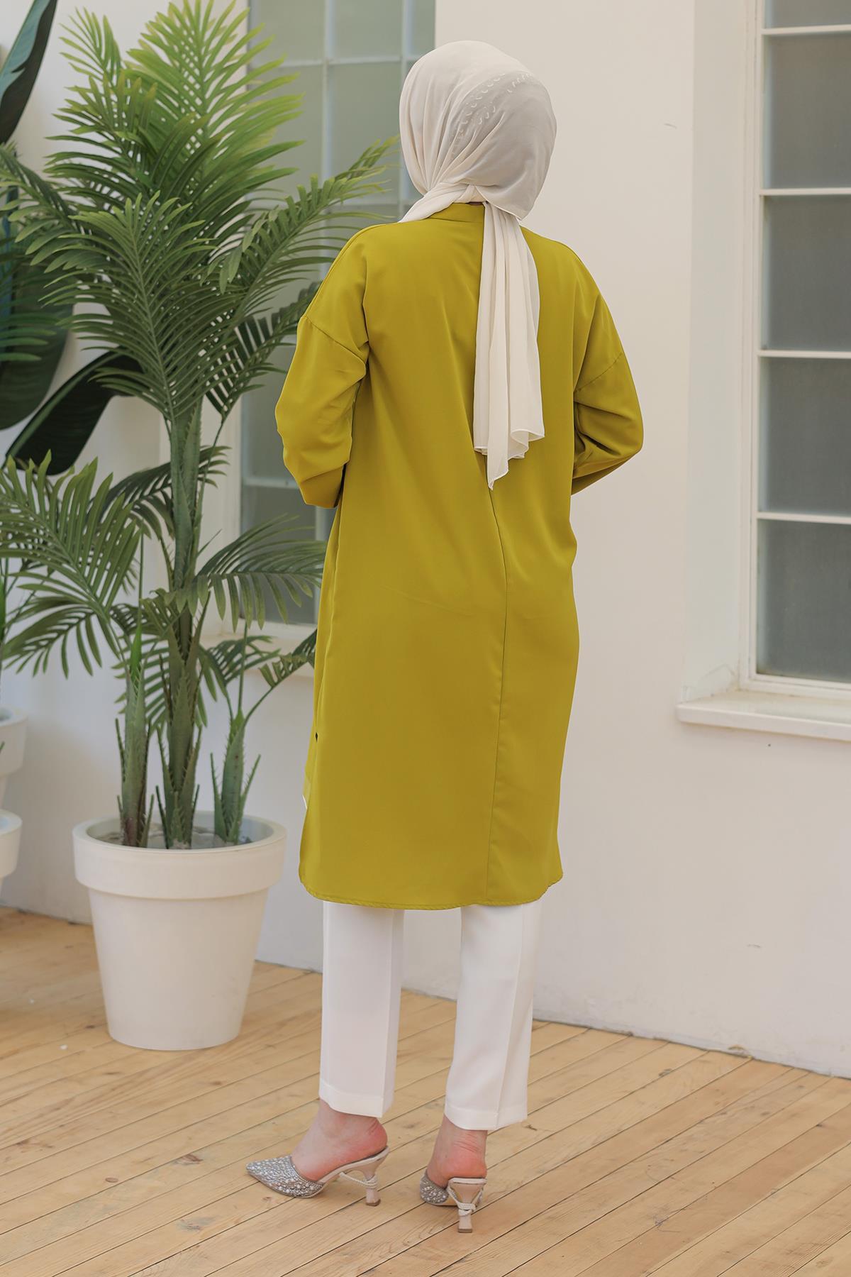 ARMİNE TREND Kolları Ribanalı Arkadan Uzatmalı Basic Tunik-Fıstık Yeşil 25YT449