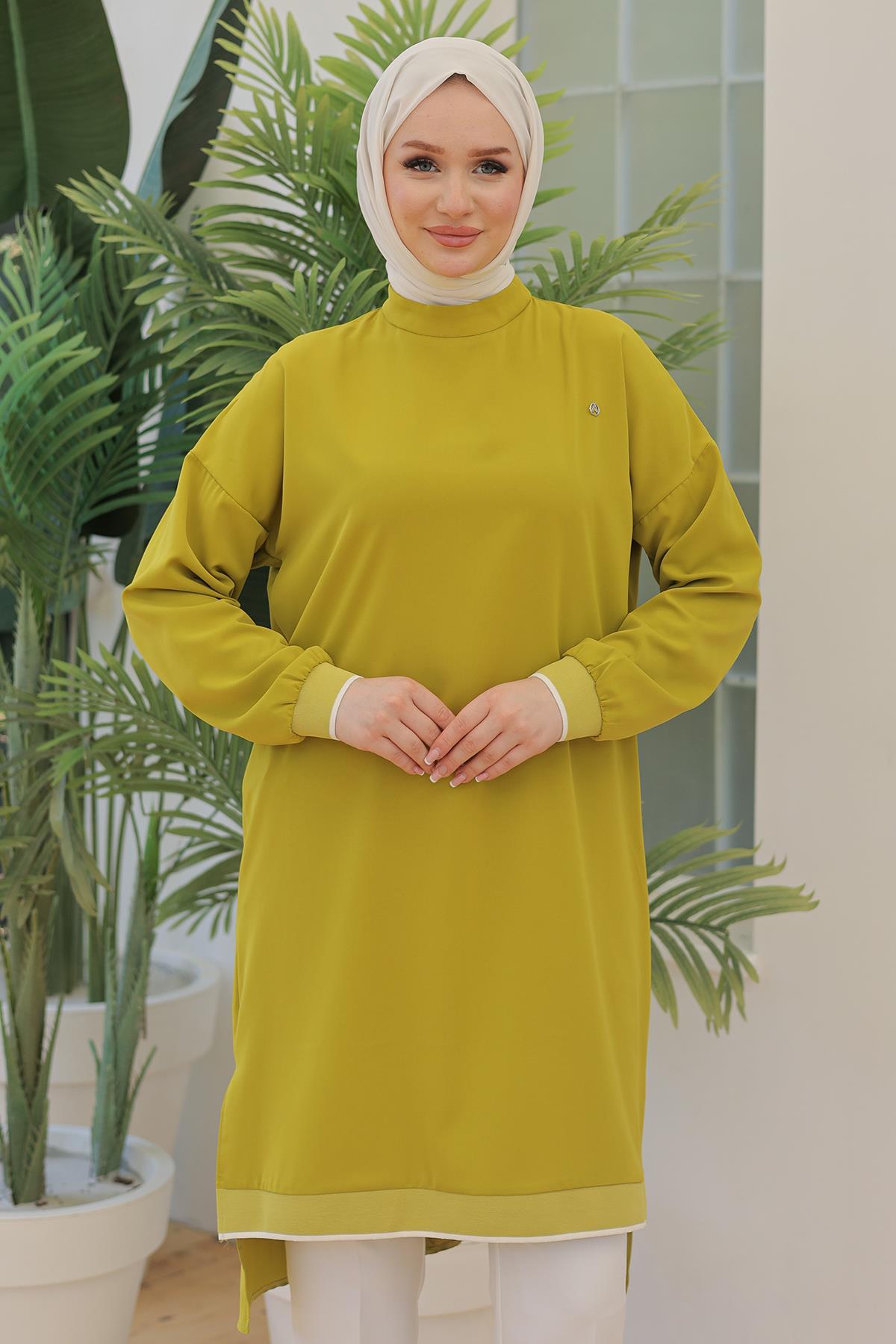 ARMİNE TREND Kolları Ribanalı Arkadan Uzatmalı Basic Tunik-Fıstık Yeşil 25YT449