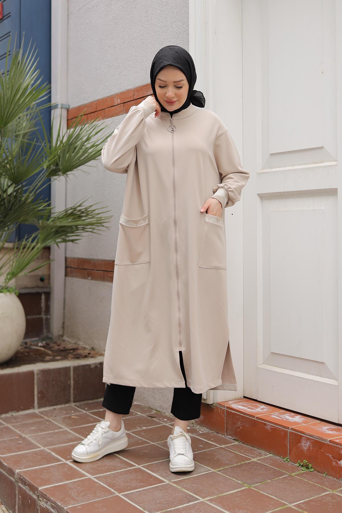 ARMİNE TREND Kolları Ribanalı Boydan Fermuarlı Cepli Tunik-Taş 25YT423