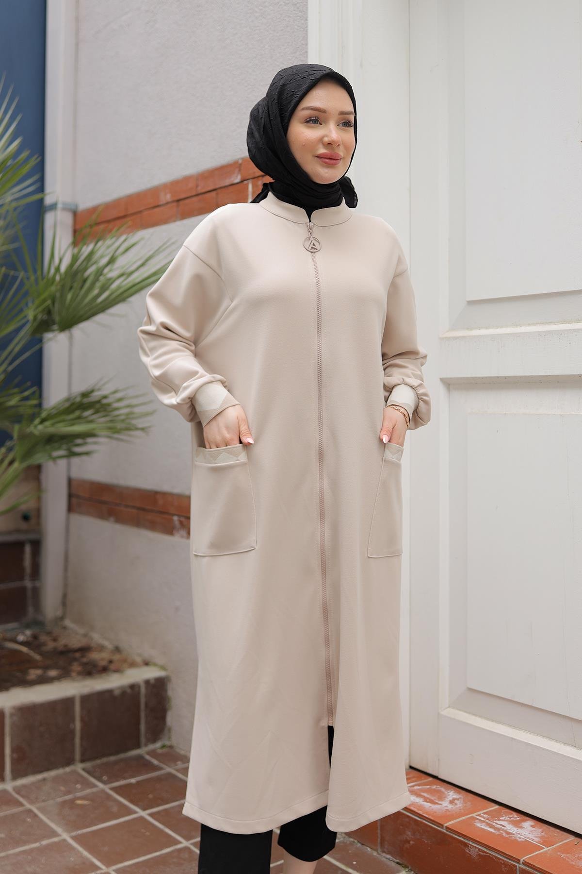 ARMİNE TREND Kolları Ribanalı Boydan Fermuarlı Cepli Tunik-Taş 25YT423