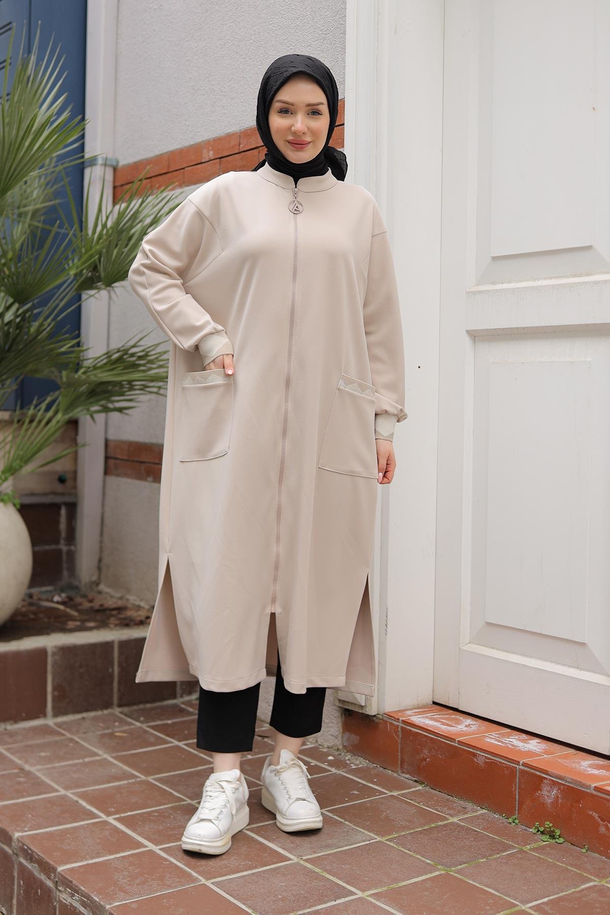 ARMİNE TREND Kolları Ribanalı Boydan Fermuarlı Cepli Tunik-Taş 25YT423