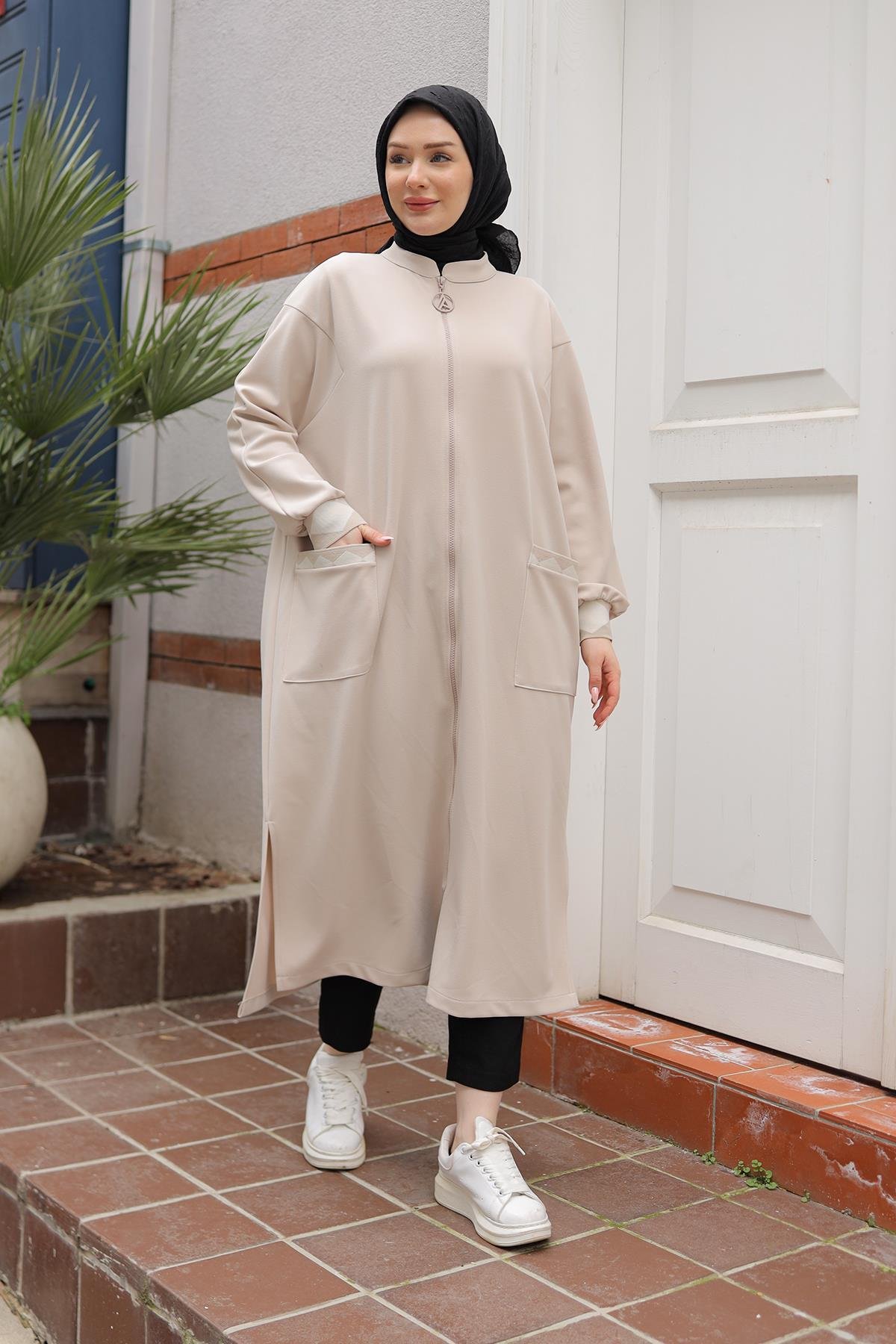ARMİNE TREND Kolları Ribanalı Boydan Fermuarlı Cepli Tunik-Taş 25YT423