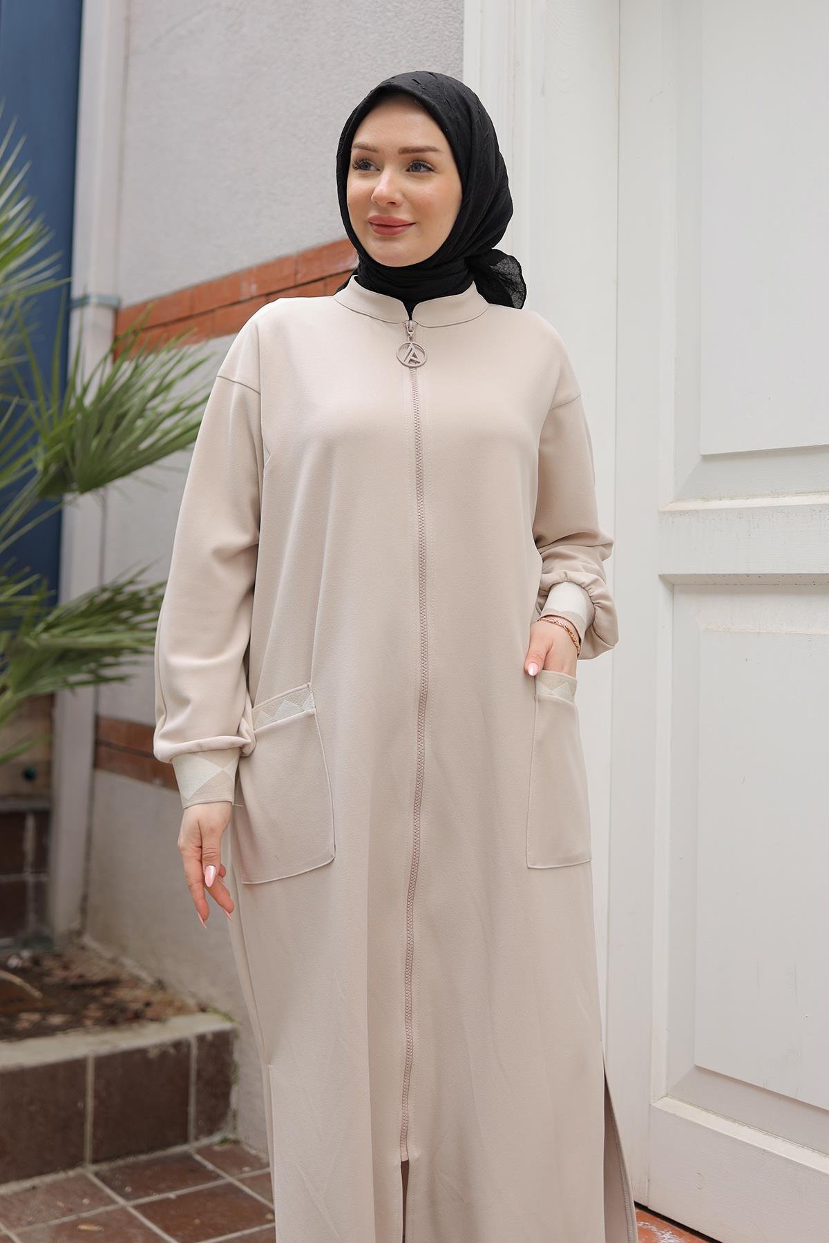 ARMİNE TREND Kolları Ribanalı Boydan Fermuarlı Cepli Tunik-Taş 25YT423