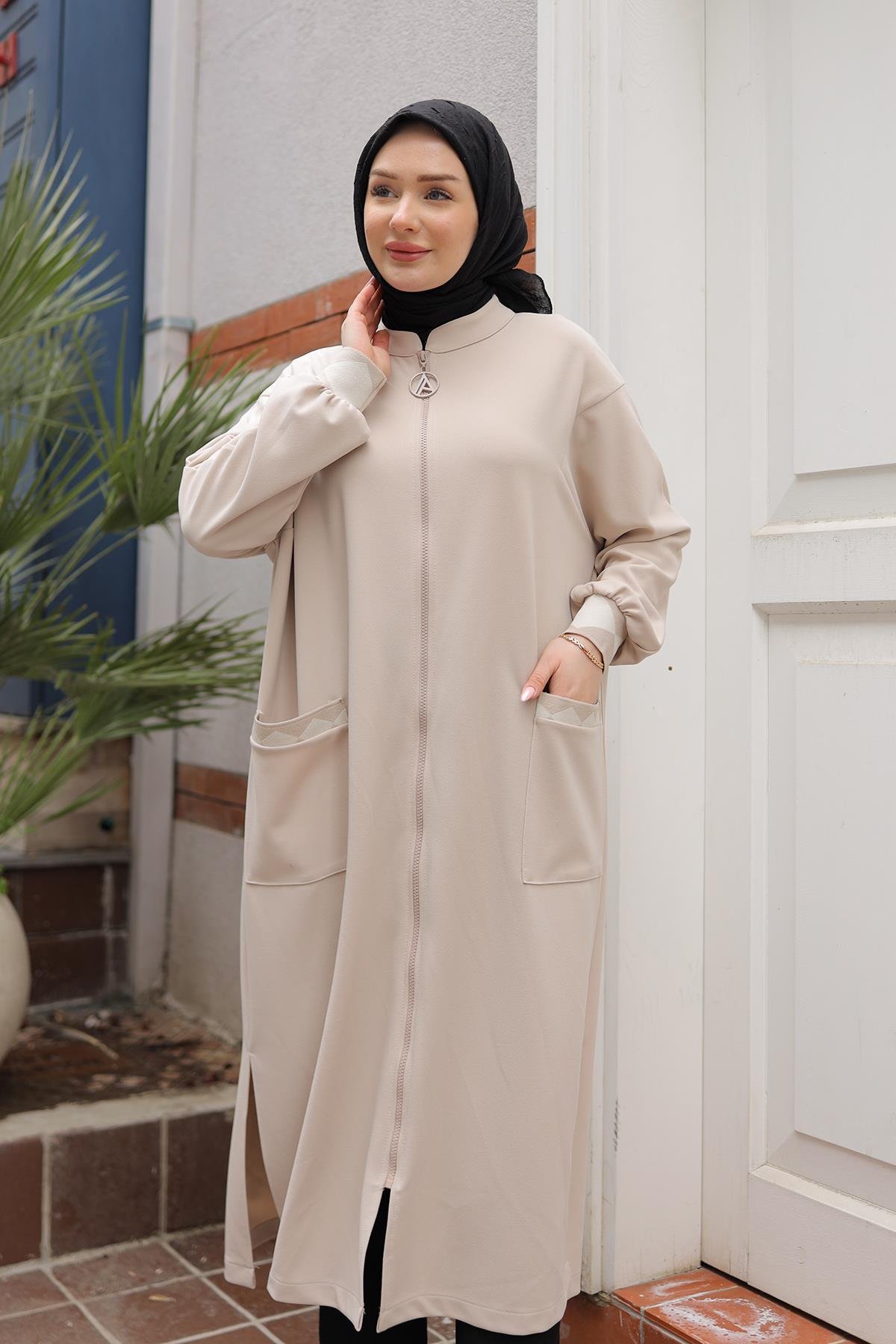 ARMİNE TREND Kolları Ribanalı Boydan Fermuarlı Cepli Tunik-Taş 25YT423