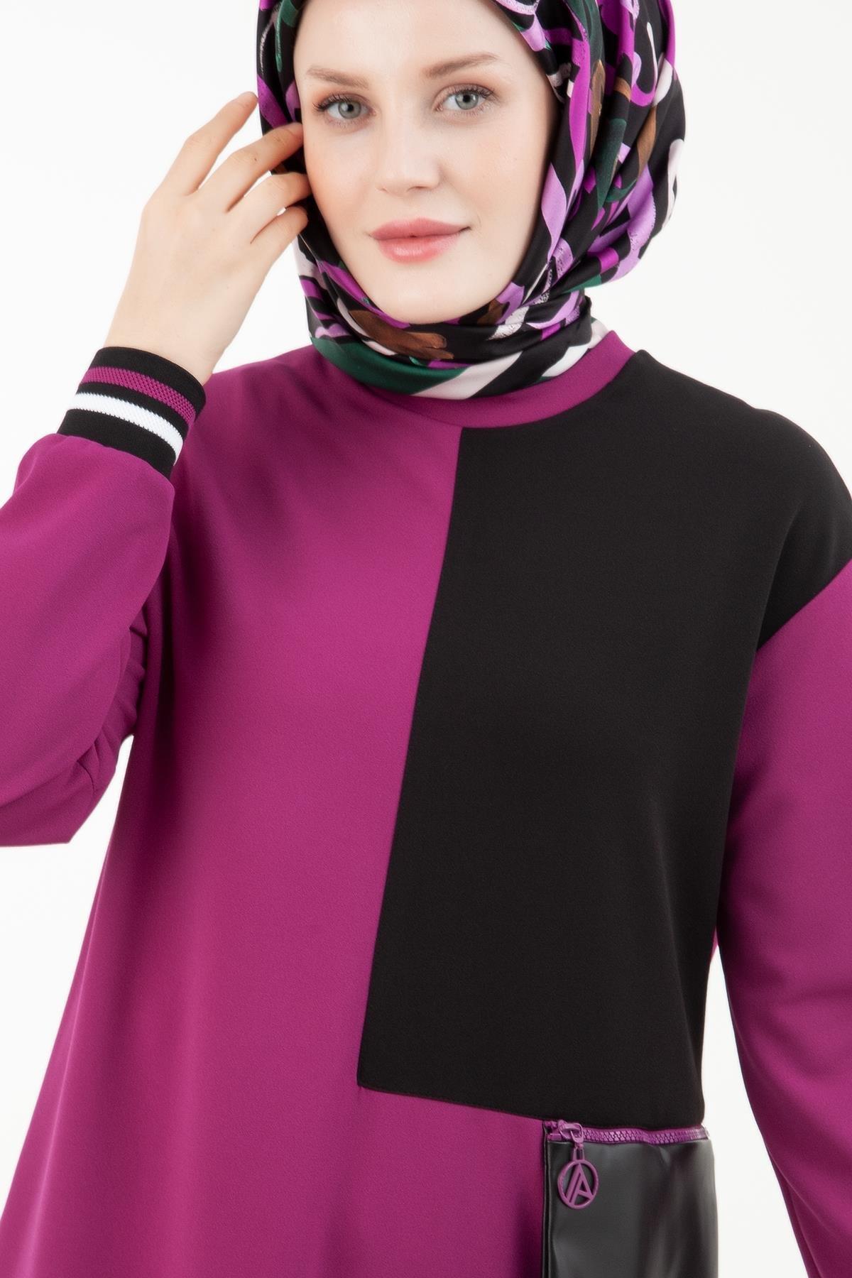 ARMİNE TREND Kolları Ribanalı Deri Cep Detaylı Sendi Kumaş Tunik-Erguvan 23KT430