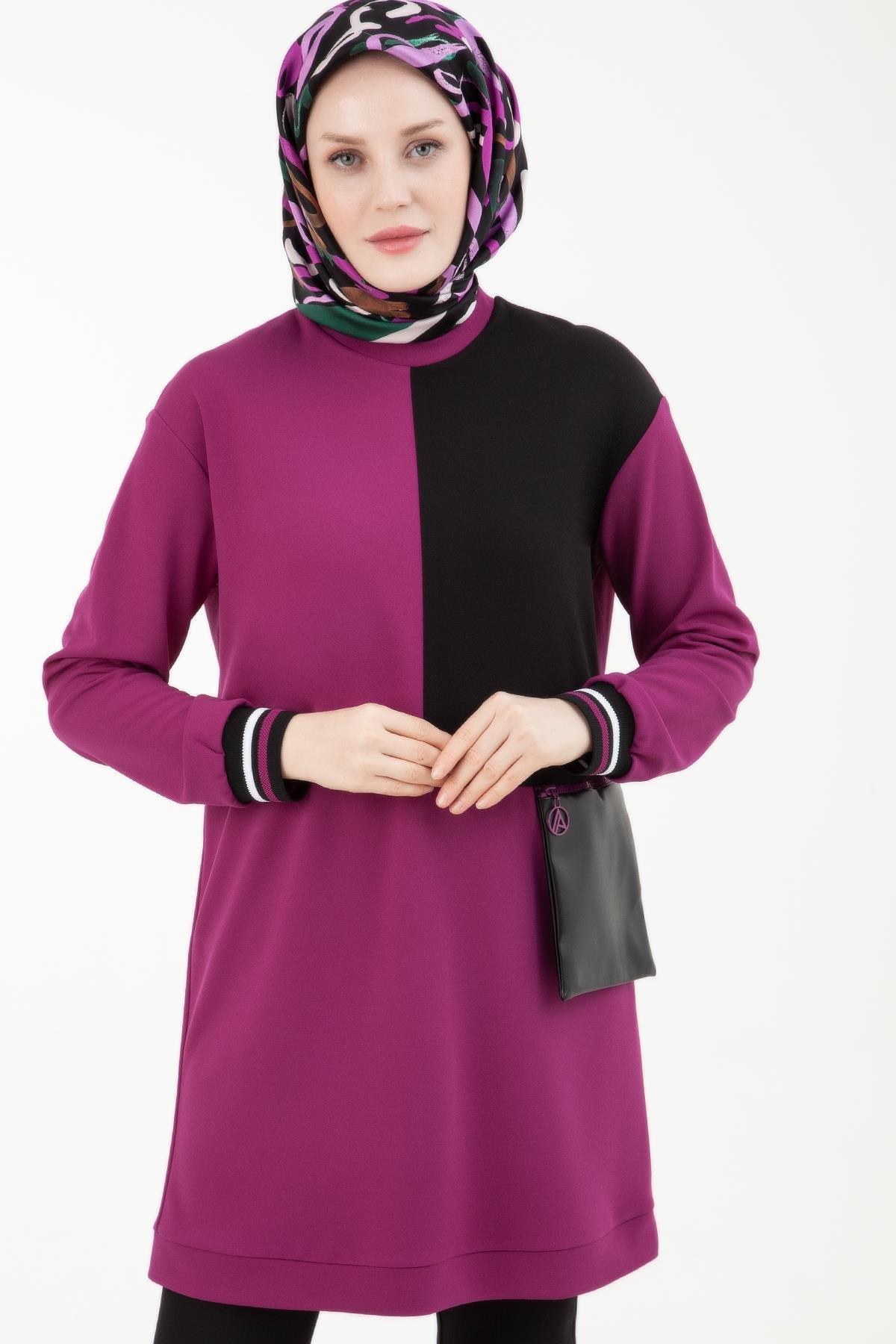 ARMİNE TREND Kolları Ribanalı Deri Cep Detaylı Sendi Kumaş Tunik-Erguvan 23KT430