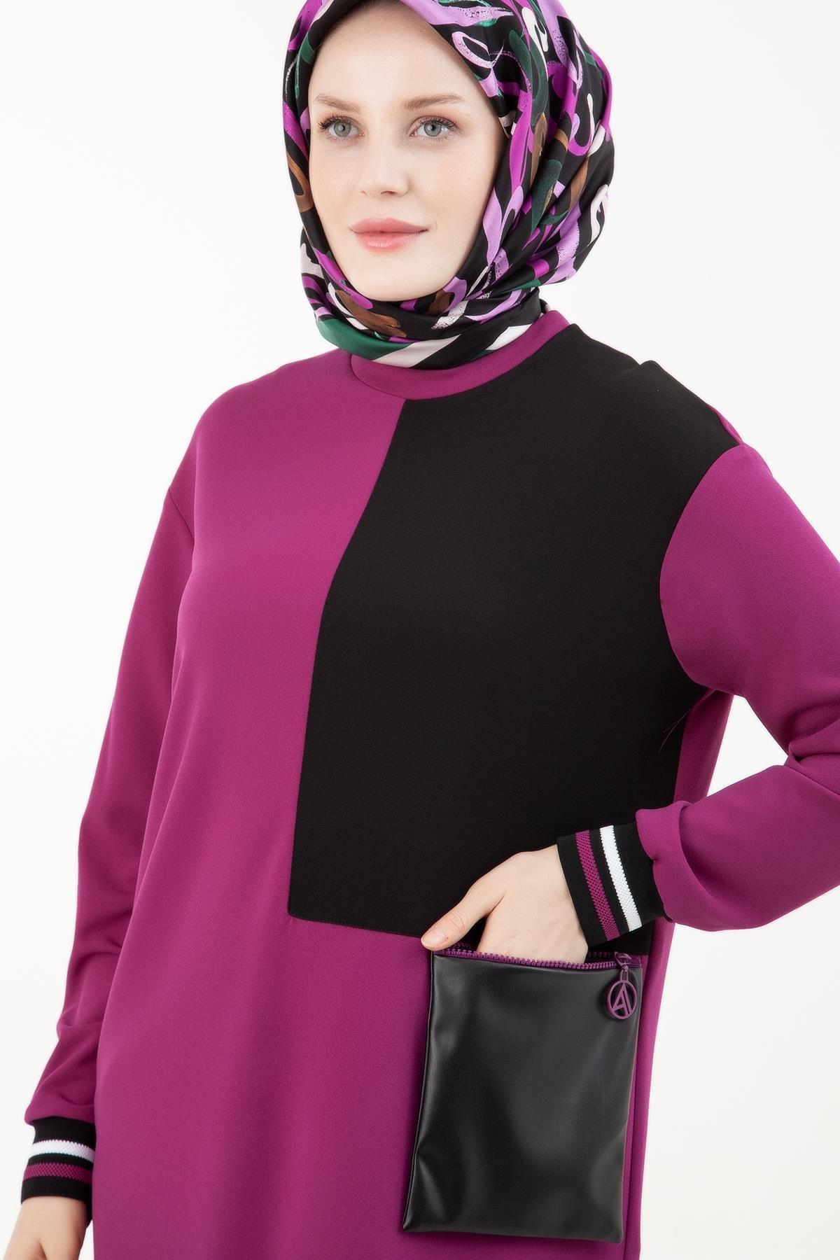 ARMİNE TREND Kolları Ribanalı Deri Cep Detaylı Sendi Kumaş Tunik-Erguvan 23KT430