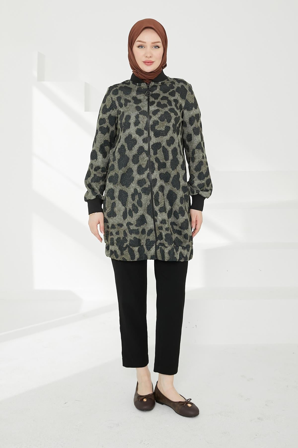 ARMİNE TREND Kolları Ribanalı Leopar Desenli Boydan Fermuarlı Tunik-Leopar 24KT430