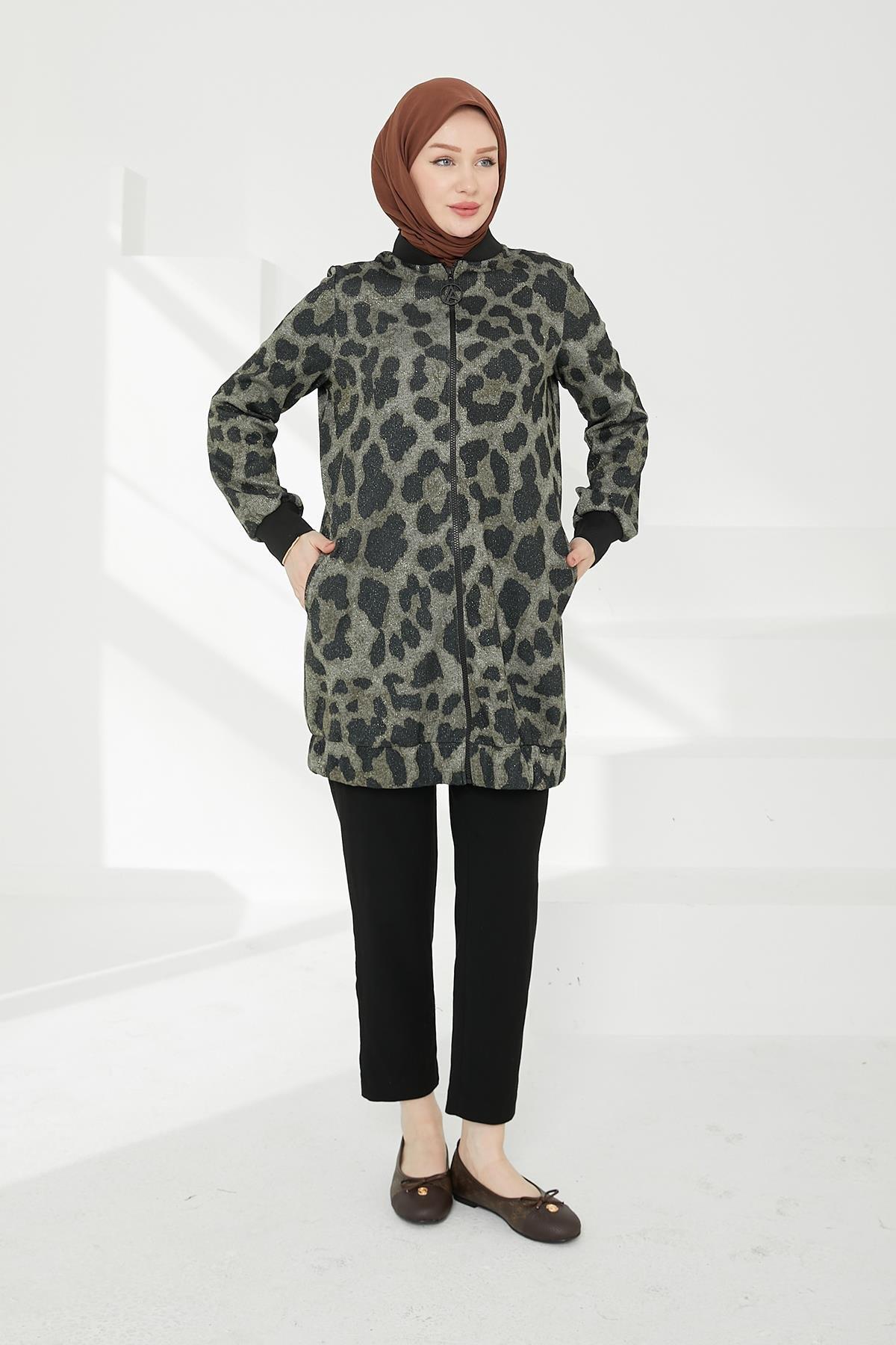 ARMİNE TREND Kolları Ribanalı Leopar Desenli Boydan Fermuarlı Tunik-Leopar 24KT430