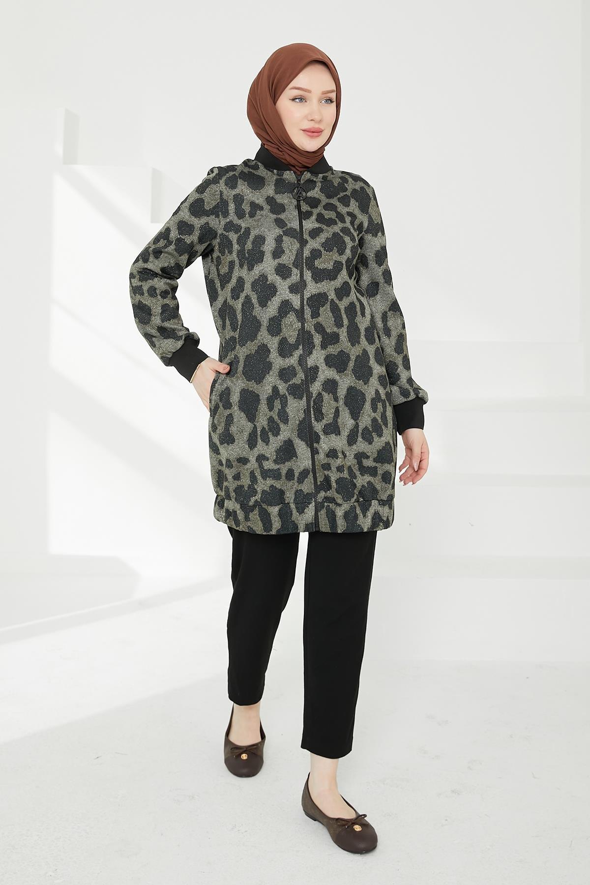 ARMİNE TREND Kolları Ribanalı Leopar Desenli Boydan Fermuarlı Tunik-Leopar 24KT430