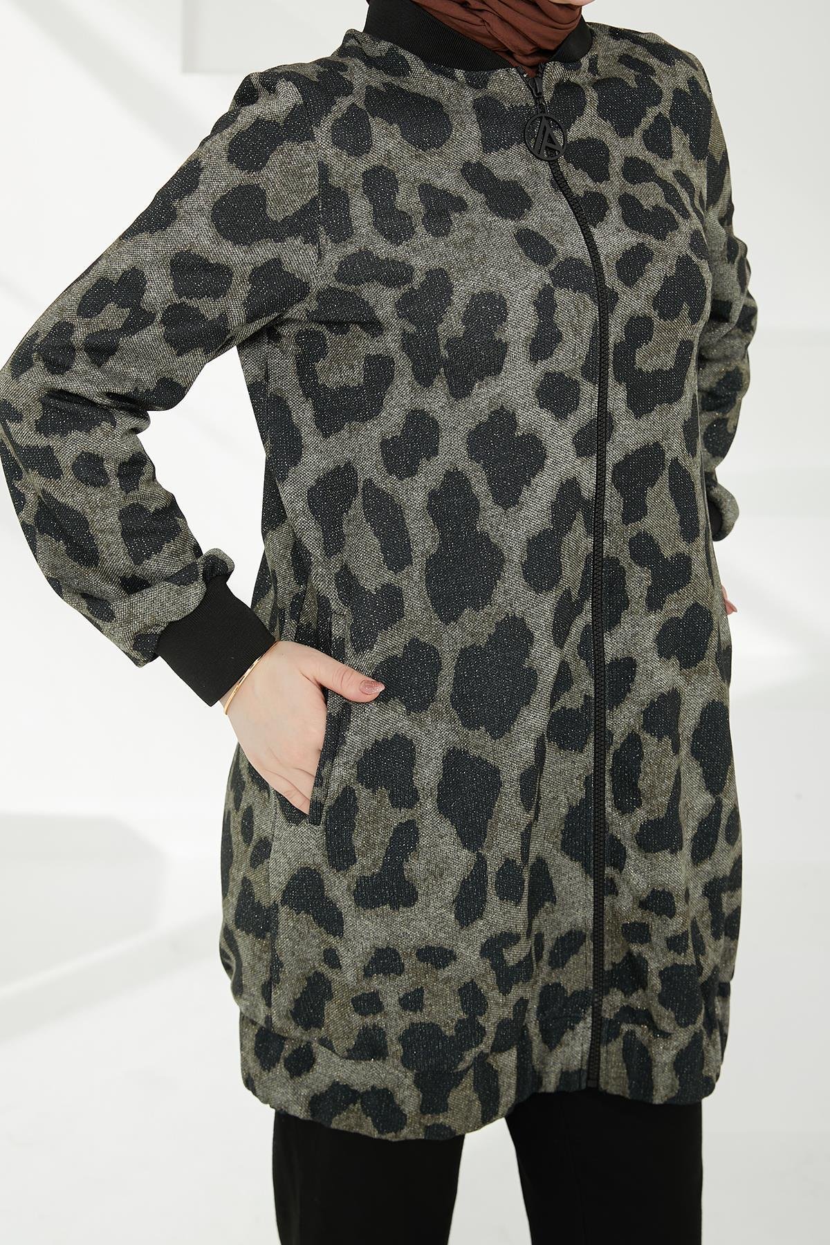 ARMİNE TREND Kolları Ribanalı Leopar Desenli Boydan Fermuarlı Tunik-Leopar 24KT430