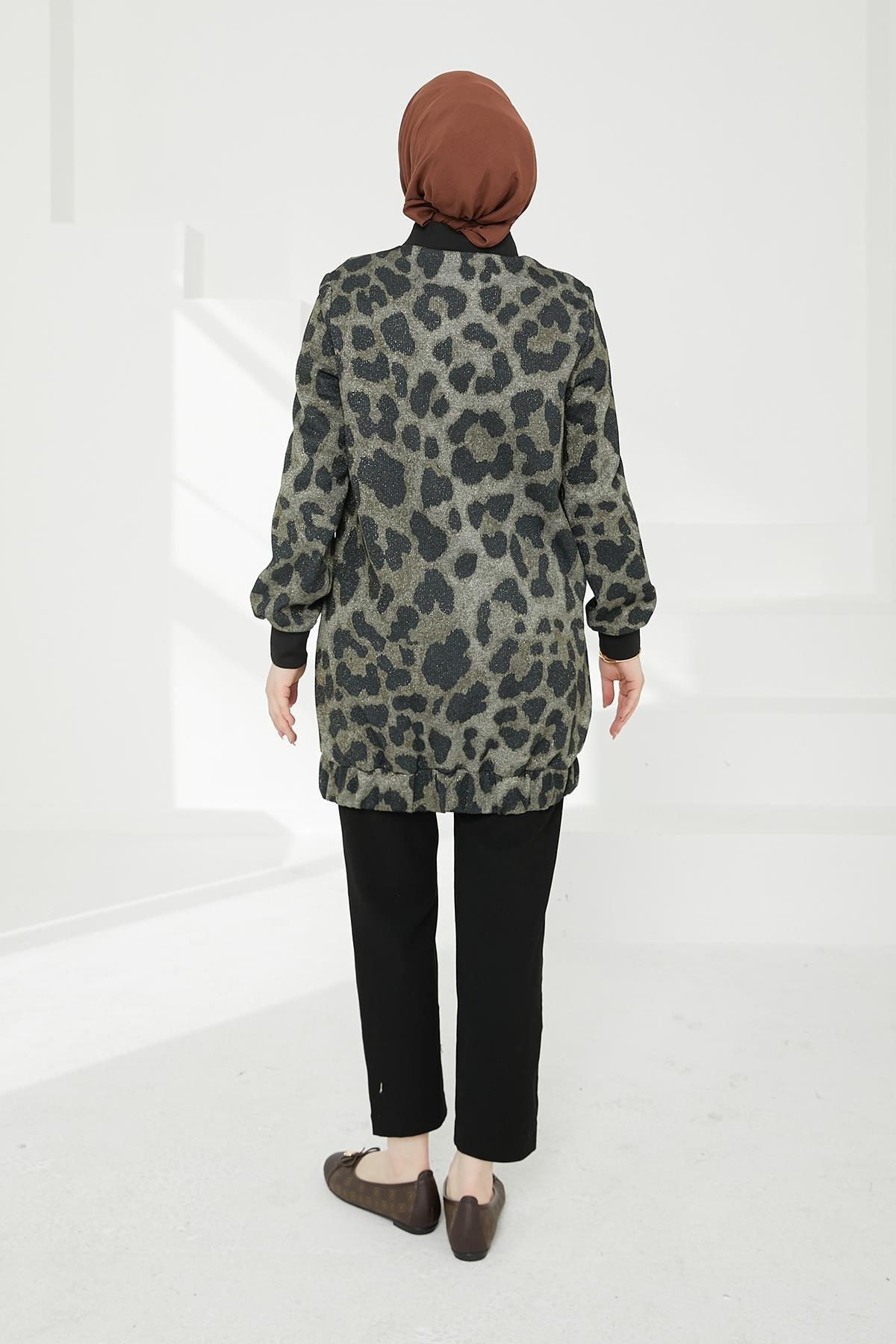 ARMİNE TREND Kolları Ribanalı Leopar Desenli Boydan Fermuarlı Tunik-Leopar 24KT430