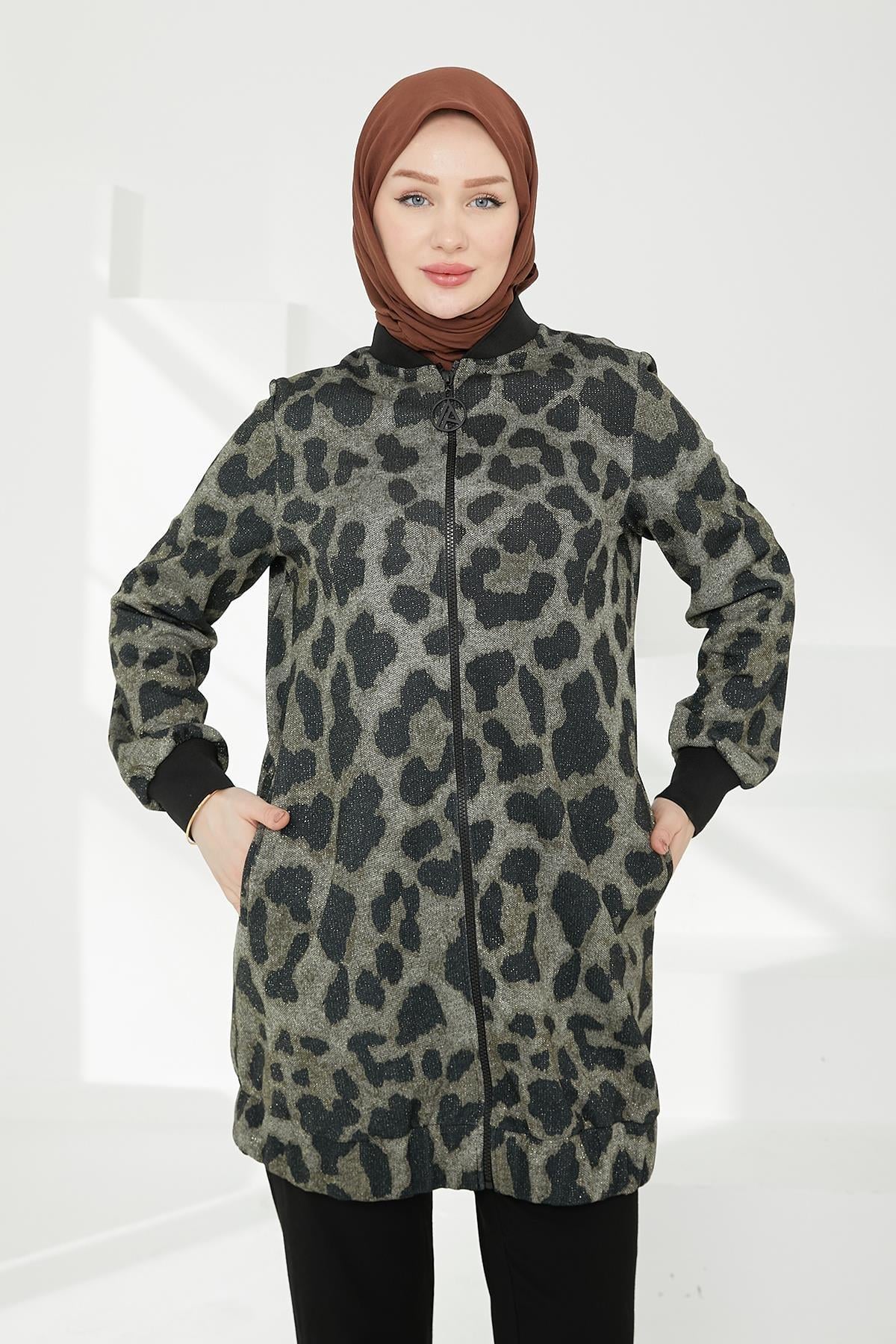 ARMİNE TREND Kolları Ribanalı Leopar Desenli Boydan Fermuarlı Tunik-Leopar 24KT430
