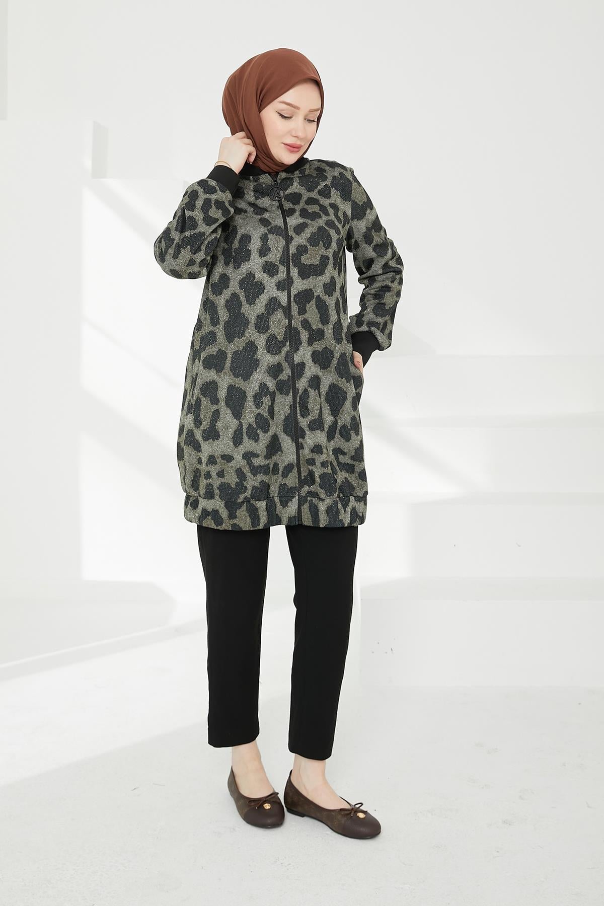 ARMİNE TREND Kolları Ribanalı Leopar Desenli Boydan Fermuarlı Tunik-Leopar 24KT430