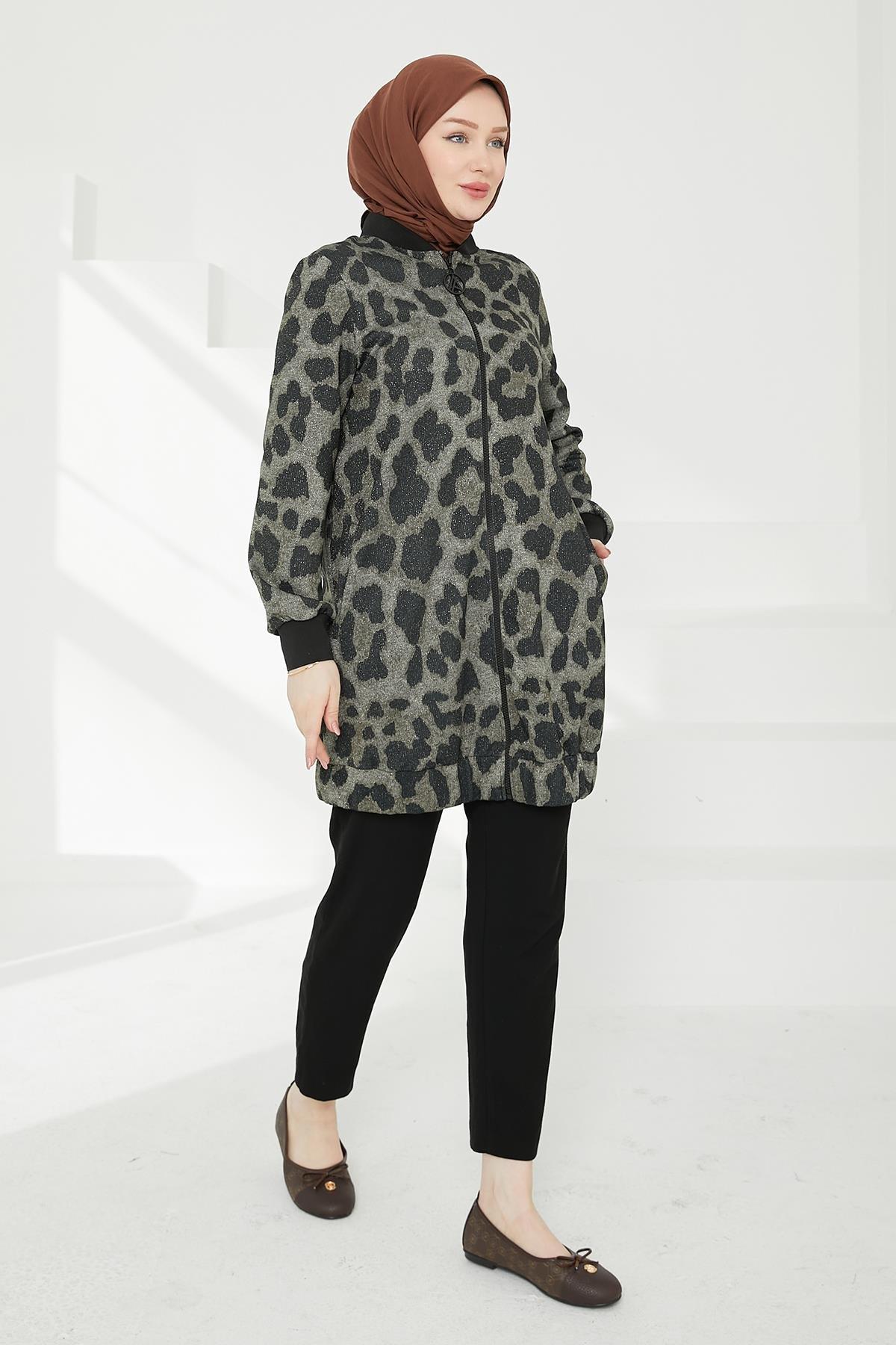 ARMİNE TREND Kolları Ribanalı Leopar Desenli Boydan Fermuarlı Tunik-Leopar 24KT430