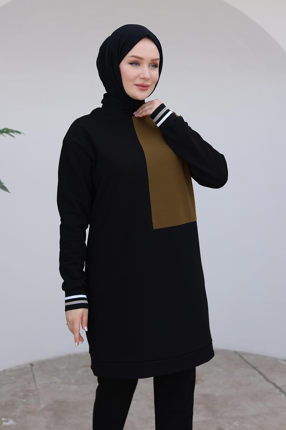 ARMİNE TREND Kolları Ribanalı Tunik-Siyah/Yeşil 24KT478