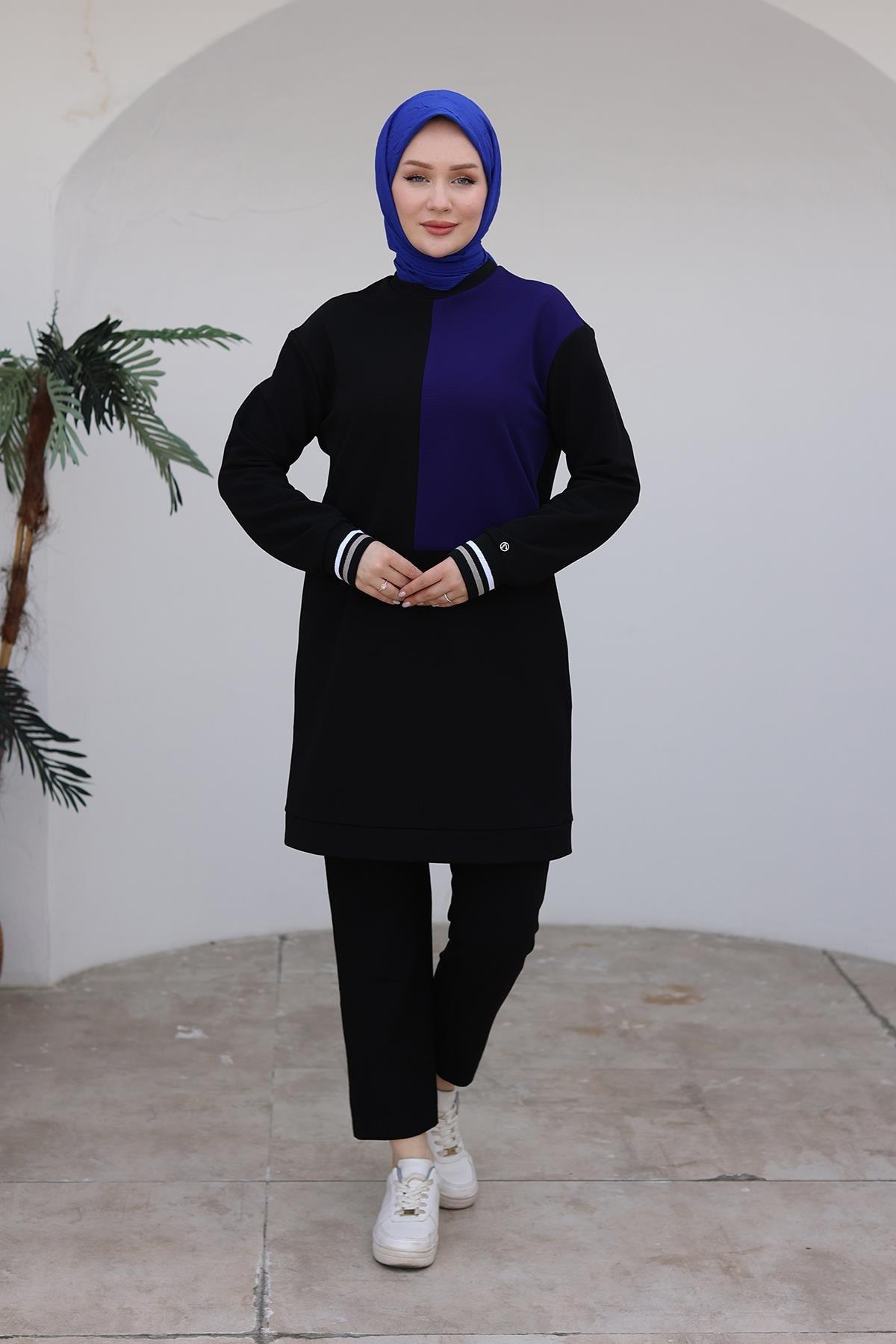 ARMİNE TREND Kolları Ribanalı Tunik-Siyah-İndigo 24KT478