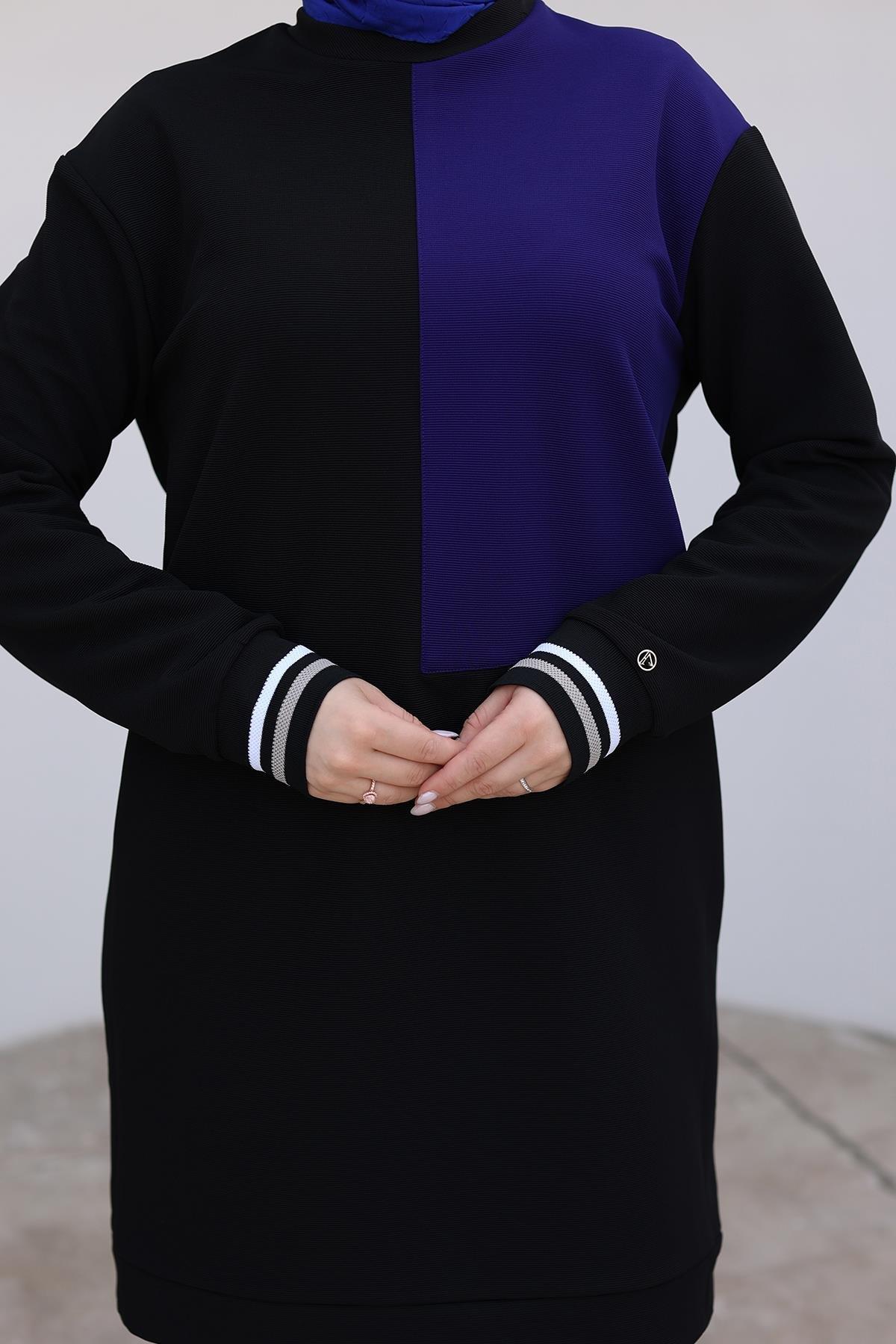 ARMİNE TREND Kolları Ribanalı Tunik-Siyah-İndigo 24KT478