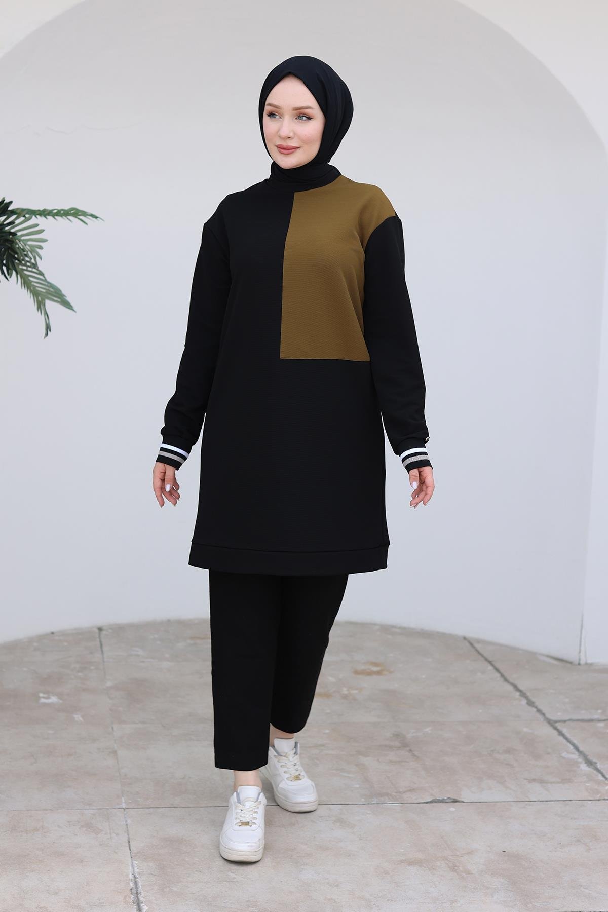 ARMİNE TREND Kolları Ribanalı Tunik-Siyah/Yeşil 24KT478