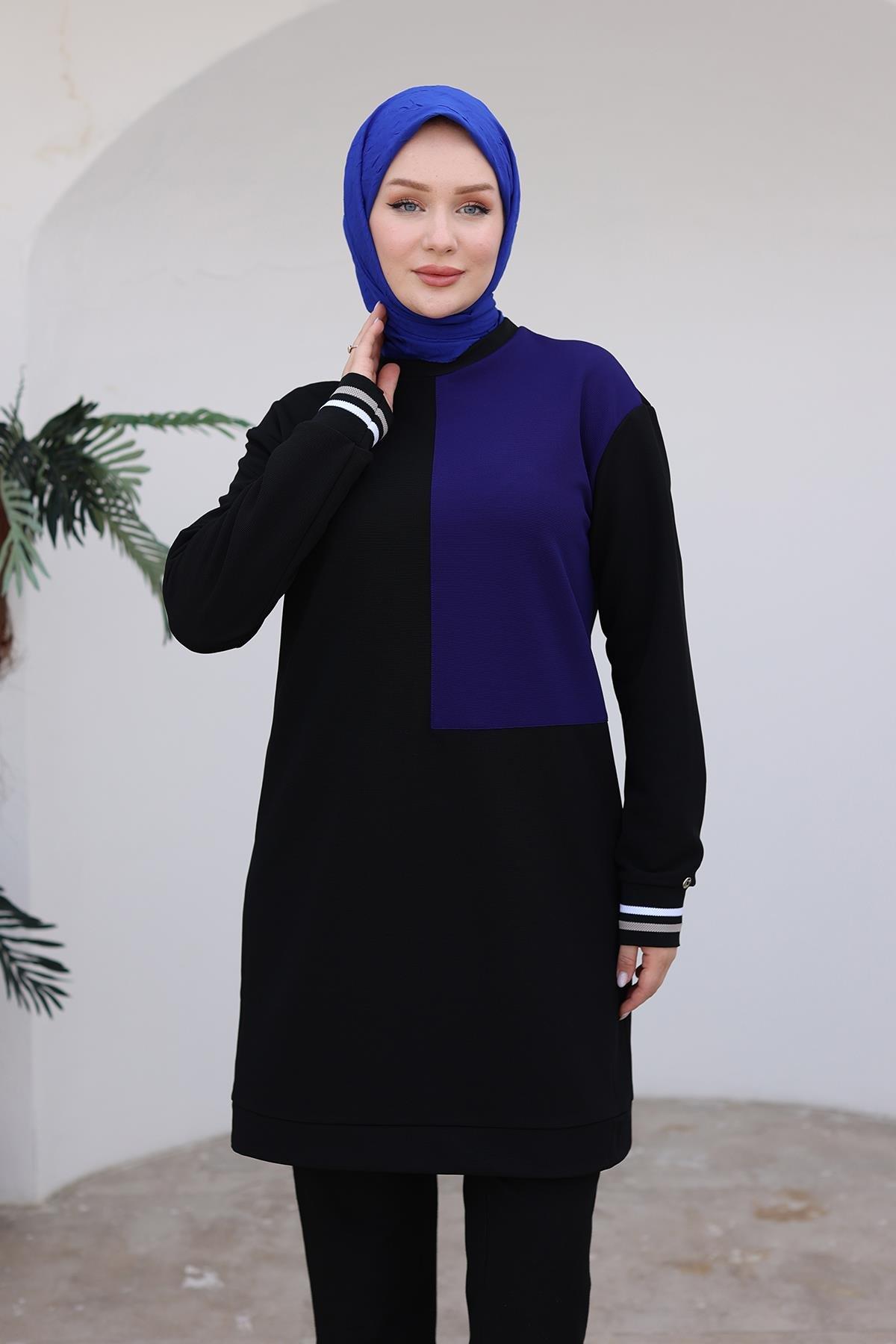 ARMİNE TREND Kolları Ribanalı Tunik-Siyah-İndigo 24KT478