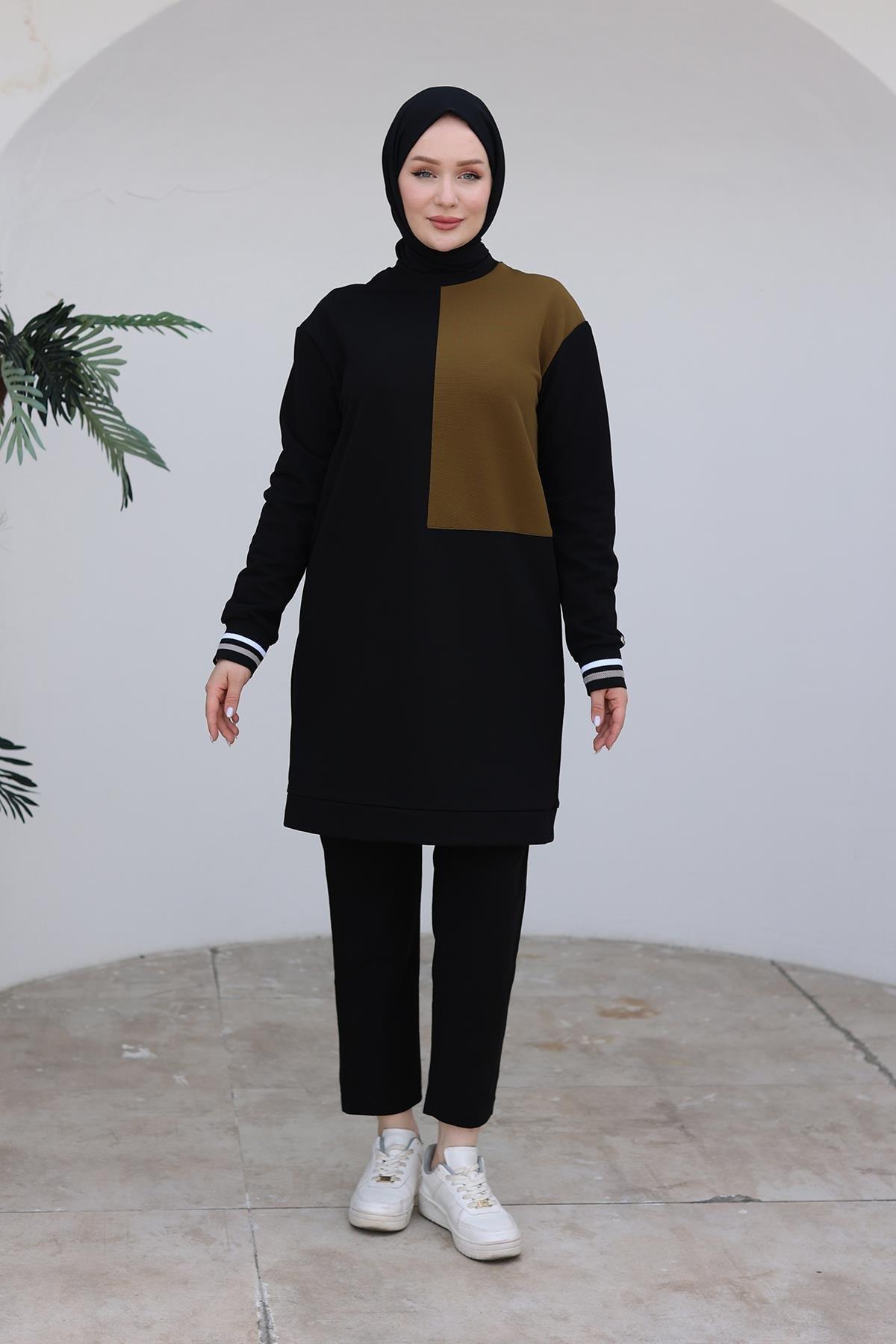 ARMİNE TREND Kolları Ribanalı Tunik-Siyah/Yeşil 24KT478