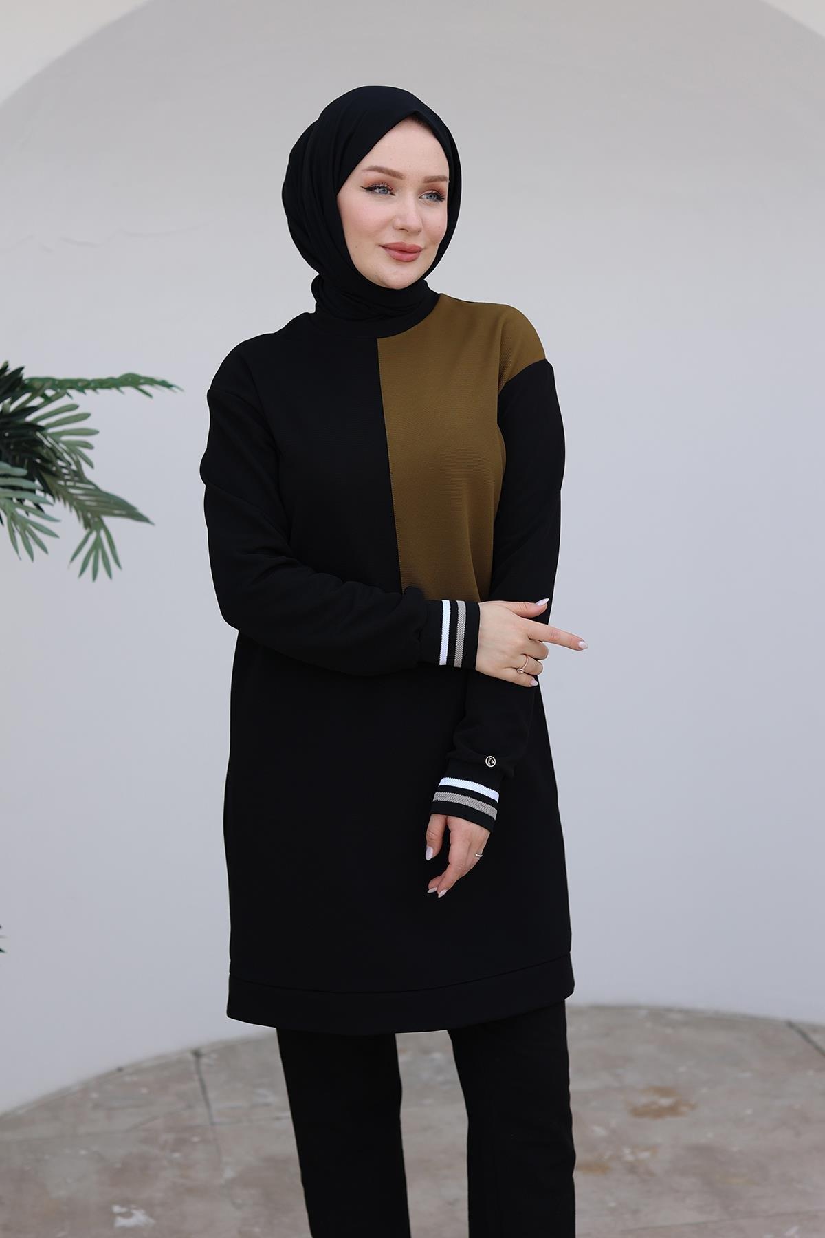 ARMİNE TREND Kolları Ribanalı Tunik-Siyah/Yeşil 24KT478