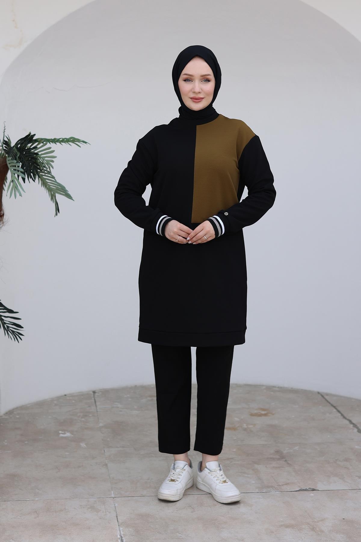 ARMİNE TREND Kolları Ribanalı Tunik-Siyah/Yeşil 24KT478