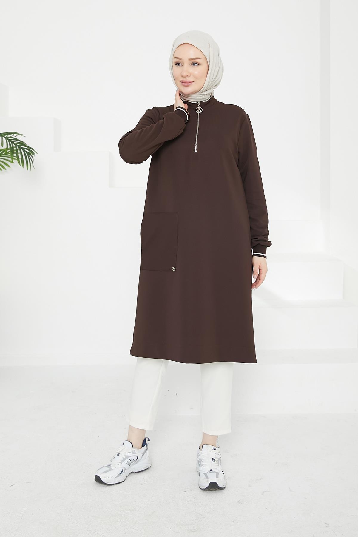 ARMİNE TREND Kolları Ribanalı Yarım Fermuarlı Tunik-Kahverengi 24KT453
