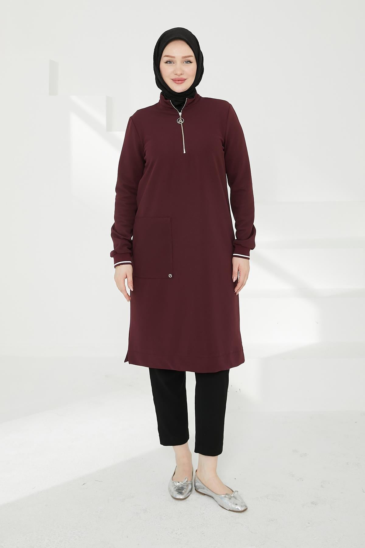 ARMİNE TREND Kolları Ribanalı Yarım Fermuarlı Tunik Mürdüm 24KT453