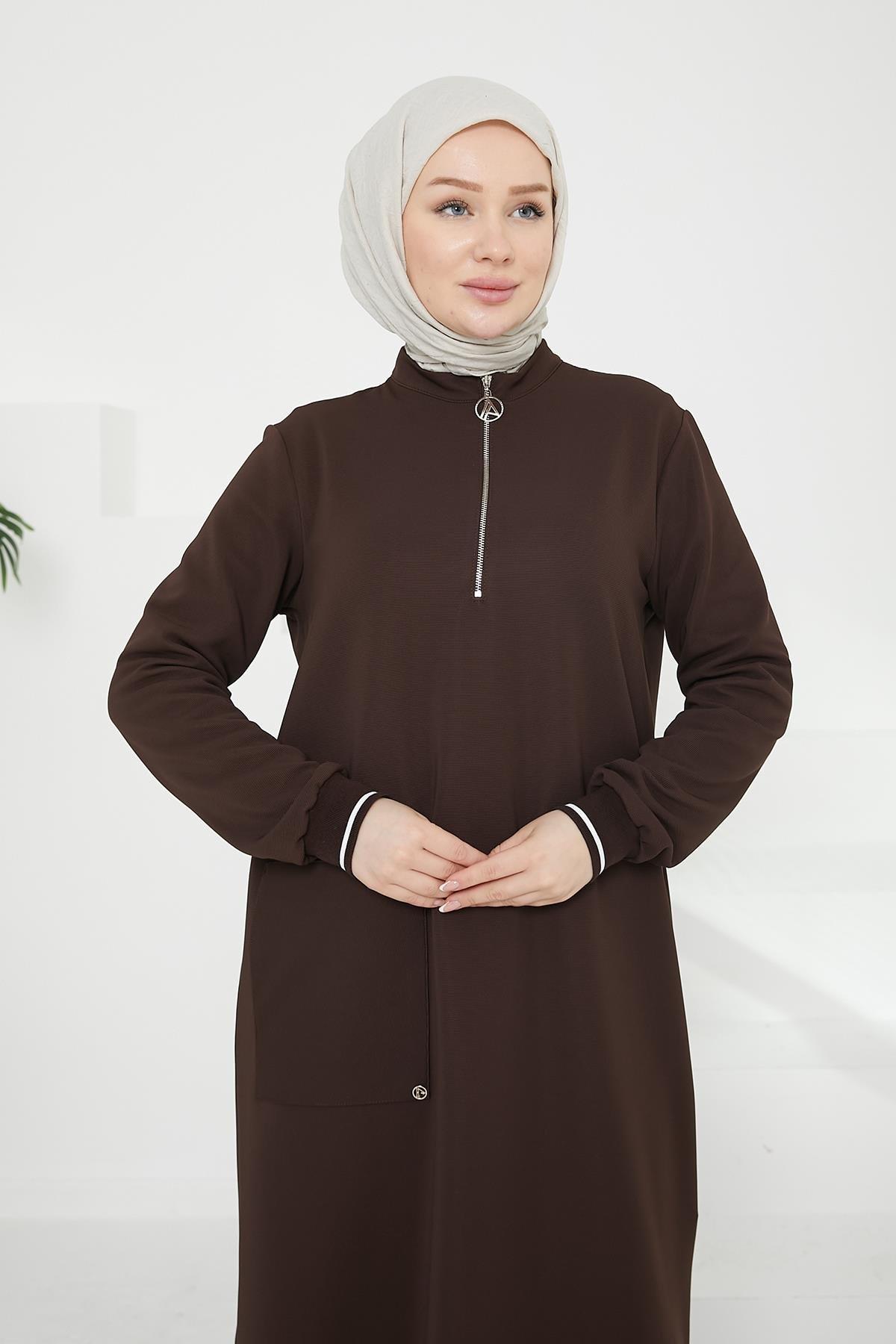ARMİNE TREND Kolları Ribanalı Yarım Fermuarlı Tunik-Kahverengi 24KT453
