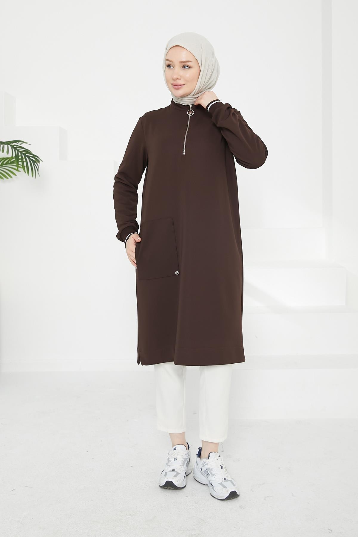 ARMİNE TREND Kolları Ribanalı Yarım Fermuarlı Tunik-Kahverengi 24KT453