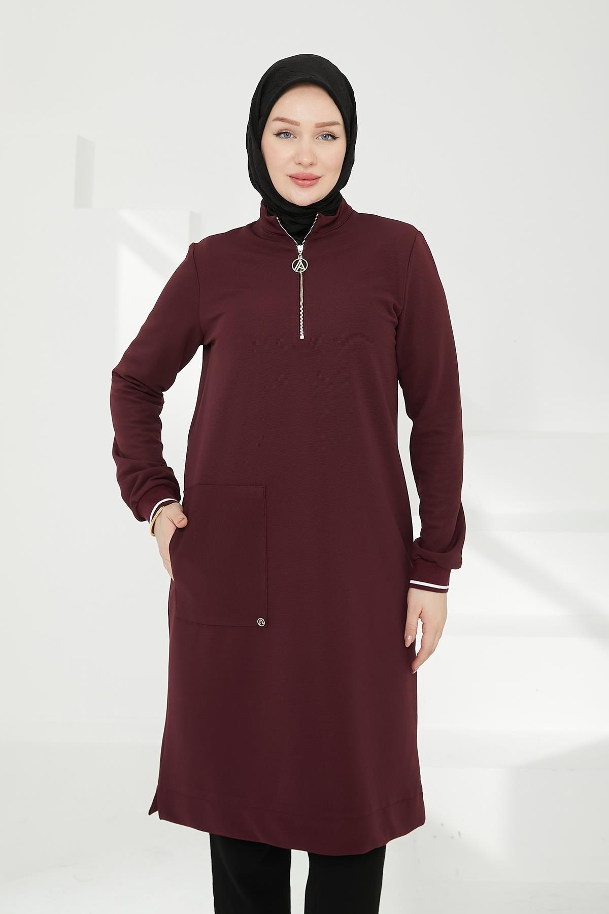 ARMİNE TREND Kolları Ribanalı Yarım Fermuarlı Tunik Mürdüm 24KT453