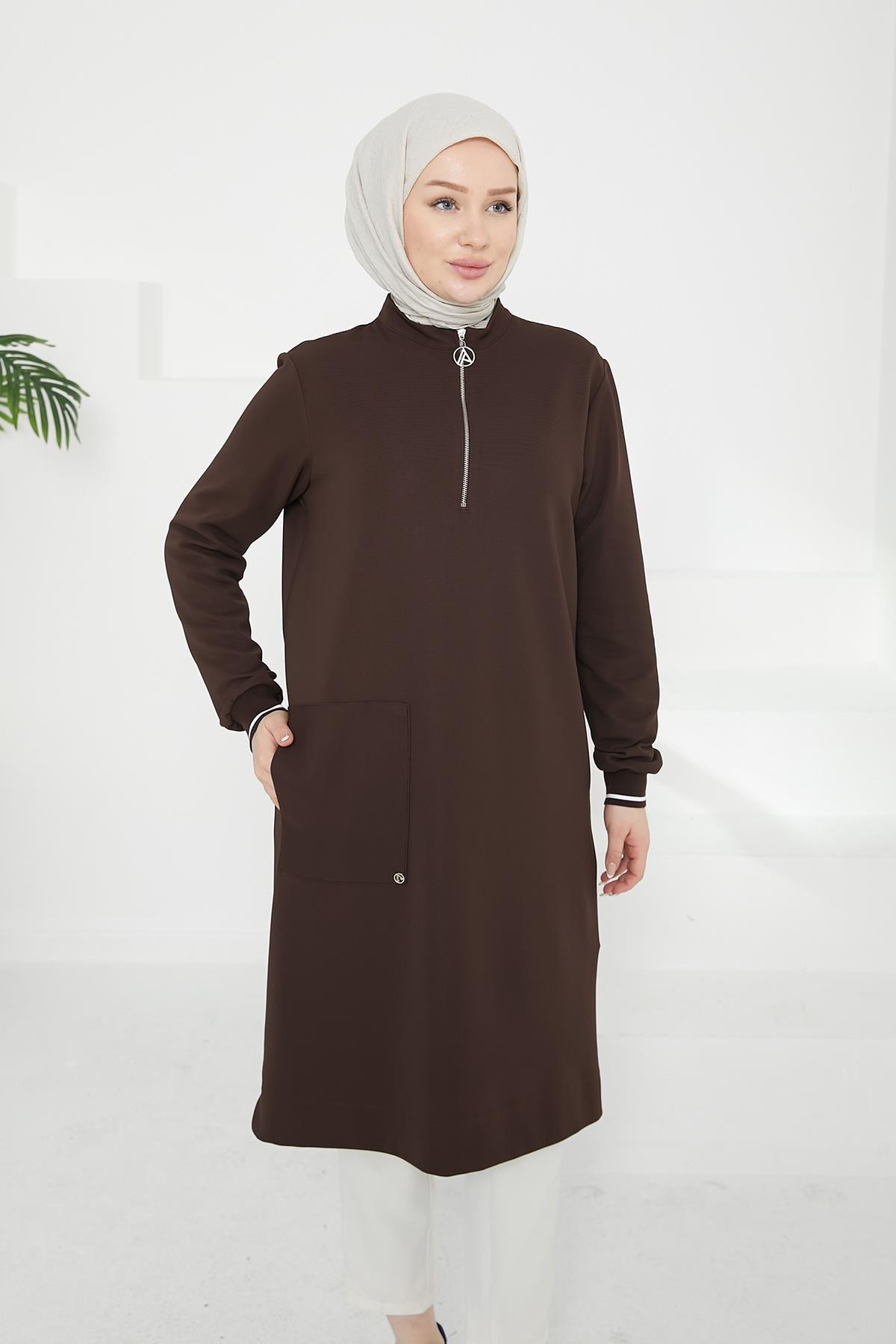 ARMİNE TREND Kolları Ribanalı Yarım Fermuarlı Tunik-Kahverengi 24KT453