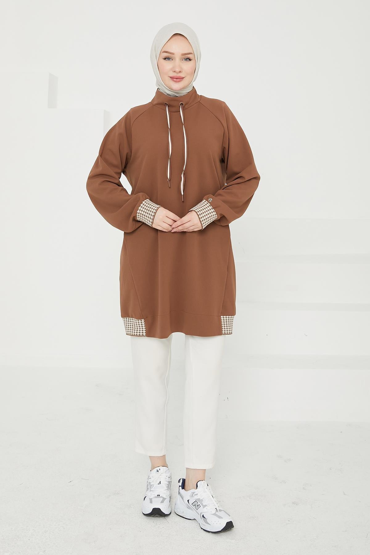 ARMİNE TREND Kolları Ribanalı Yarım Fermuarlı Tunik-Badem 24KT419