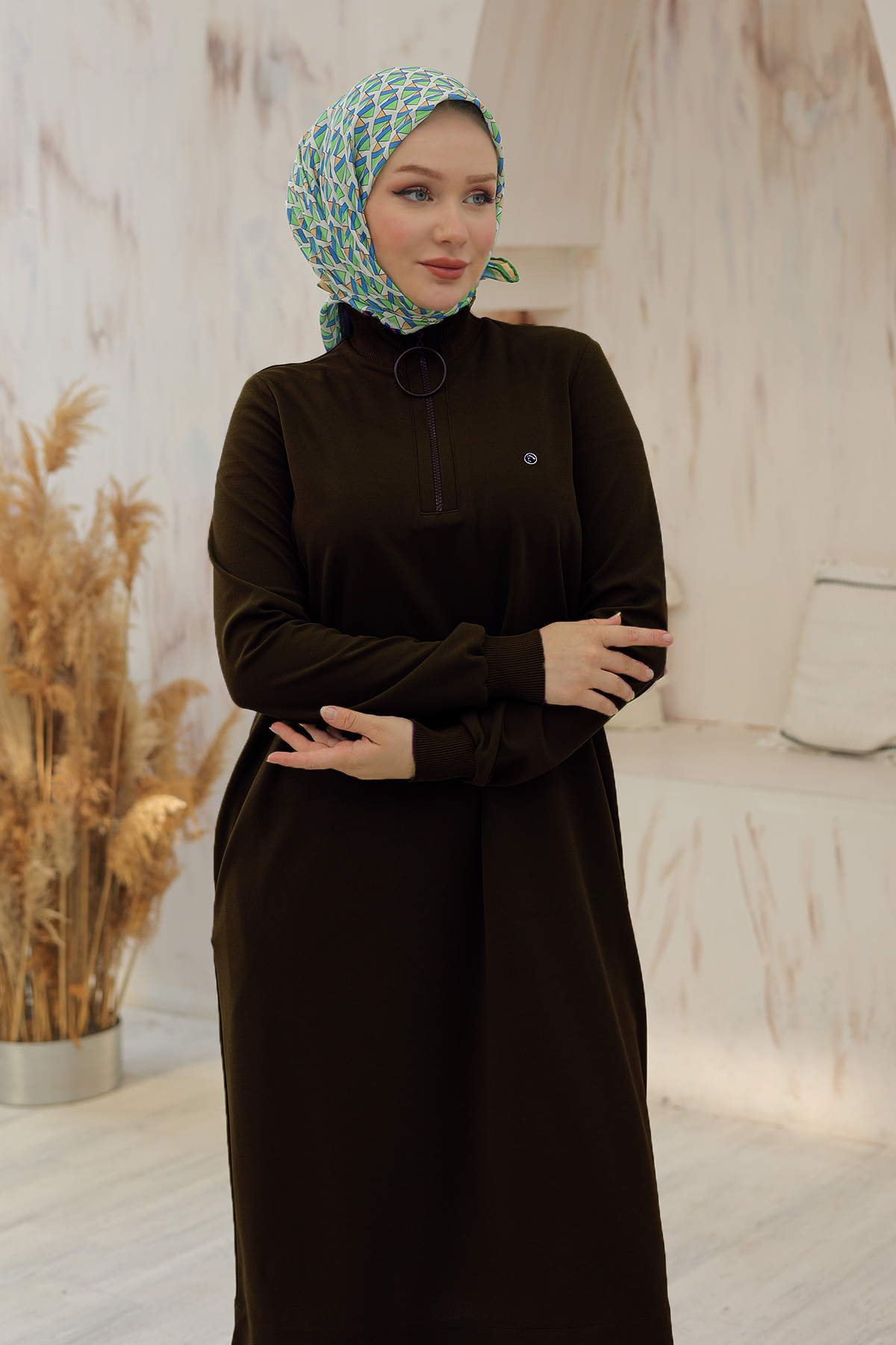 ARMİNE TREND Kolları Ribanalı Yarım Fermuarlı Tunik-Kahverengi 24KT436