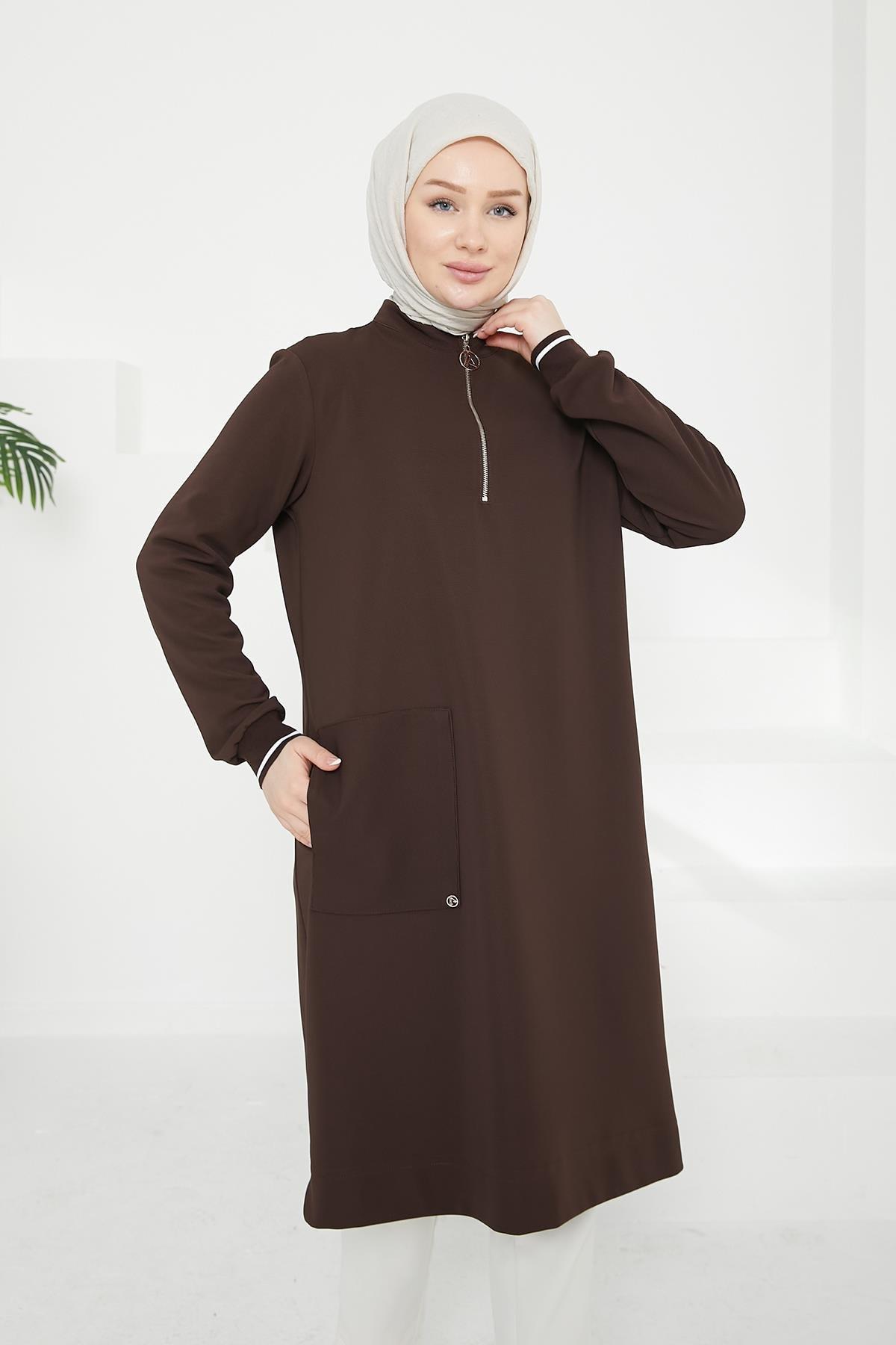 ARMİNE TREND Kolları Ribanalı Yarım Fermuarlı Tunik-Kahverengi 24KT453