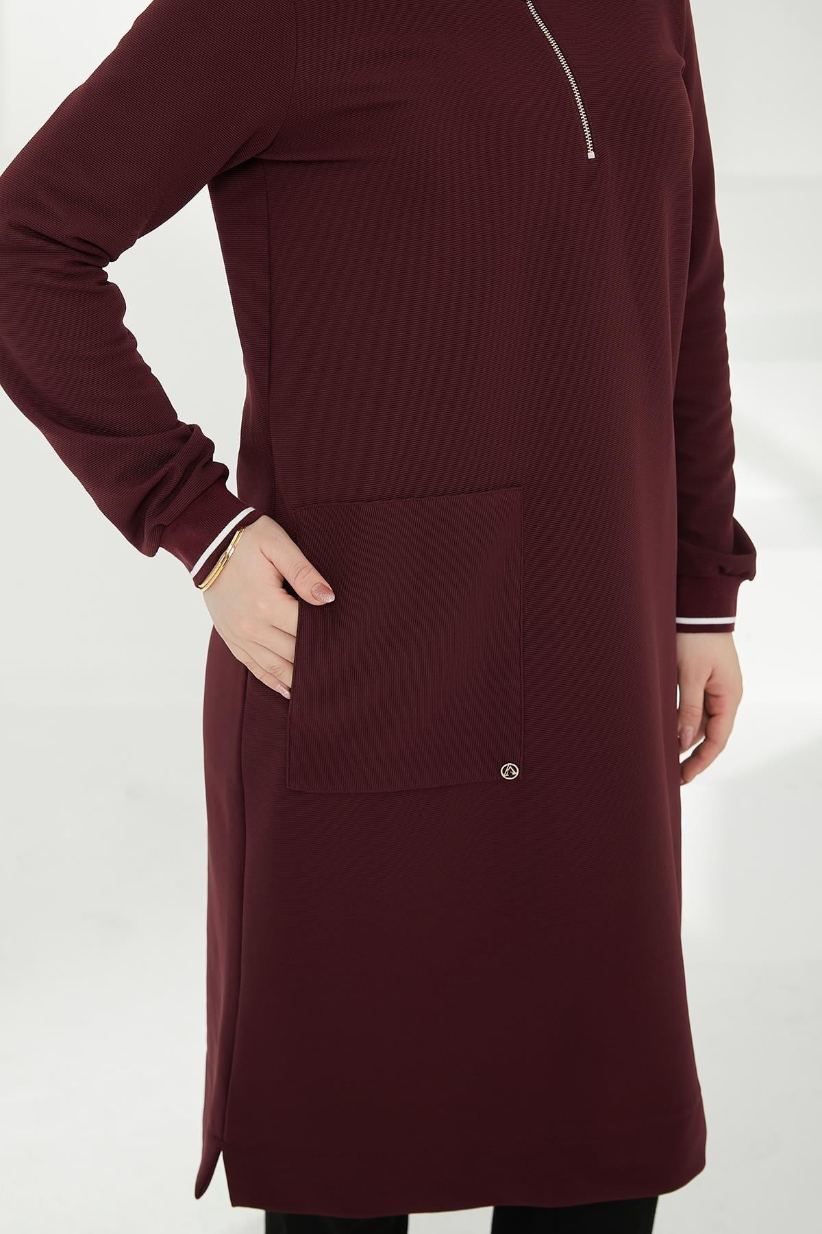 ARMİNE TREND Kolları Ribanalı Yarım Fermuarlı Tunik Mürdüm 24KT453