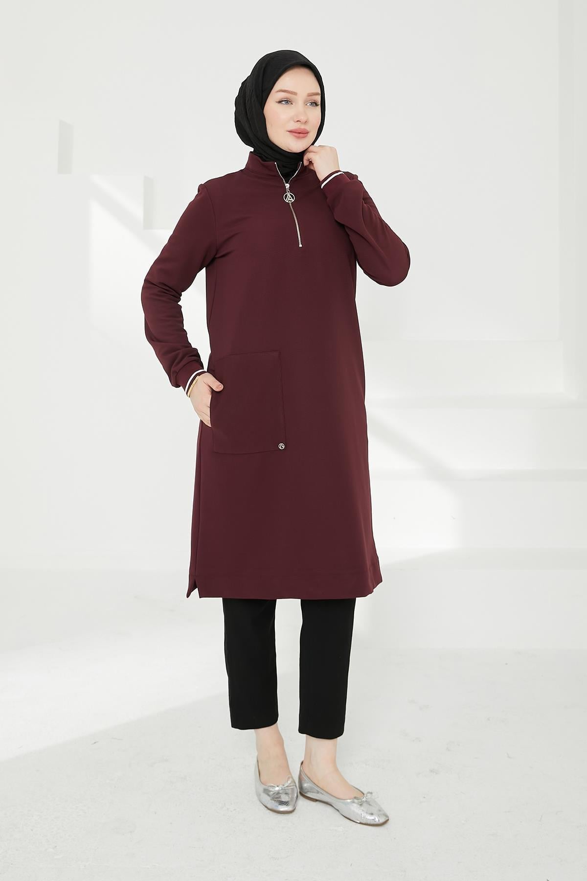 ARMİNE TREND Kolları Ribanalı Yarım Fermuarlı Tunik Mürdüm 24KT453