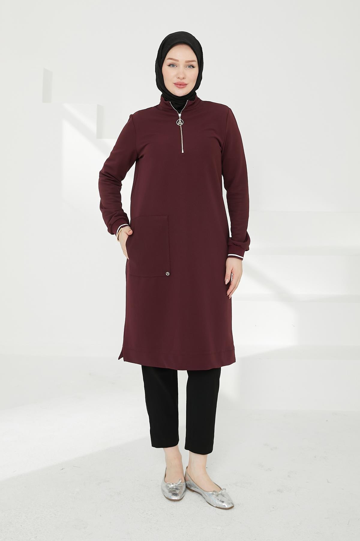 ARMİNE TREND Kolları Ribanalı Yarım Fermuarlı Tunik Mürdüm 24KT453