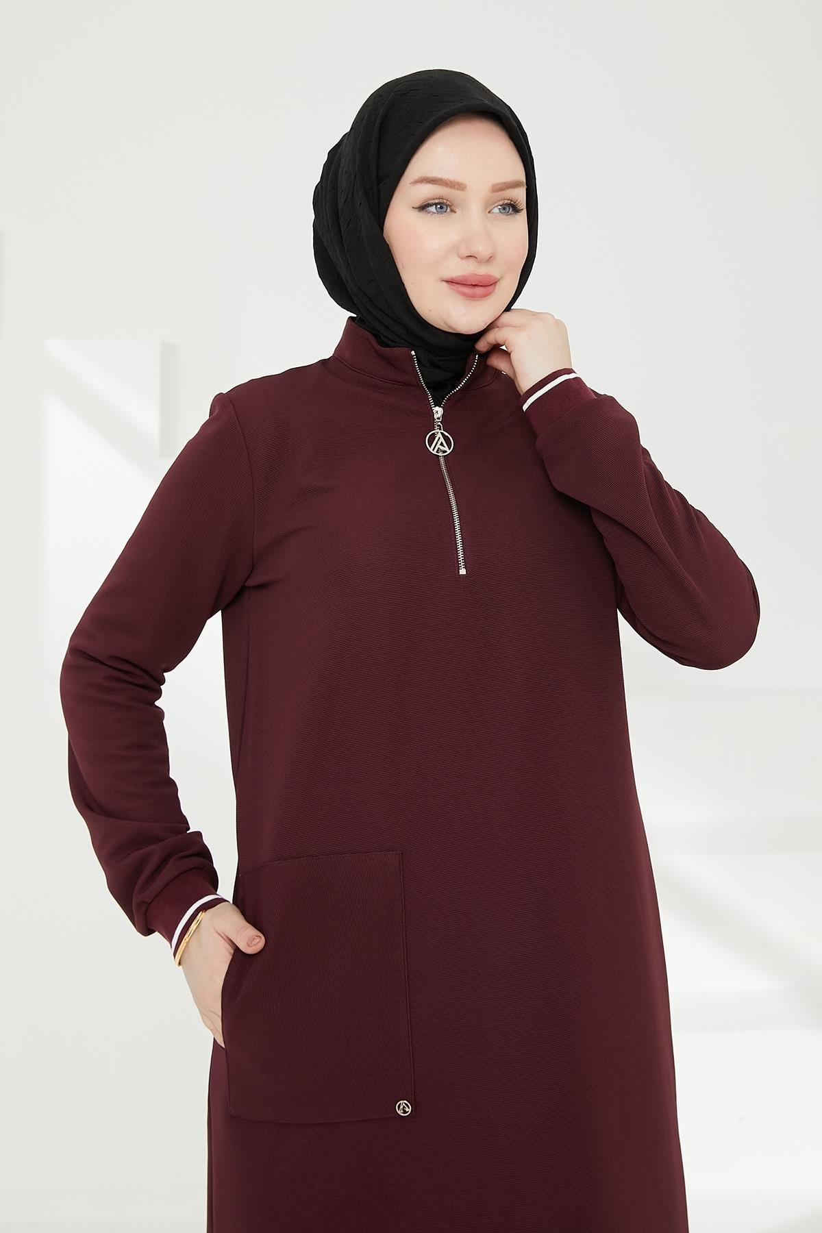 ARMİNE TREND Kolları Ribanalı Yarım Fermuarlı Tunik Mürdüm 24KT453