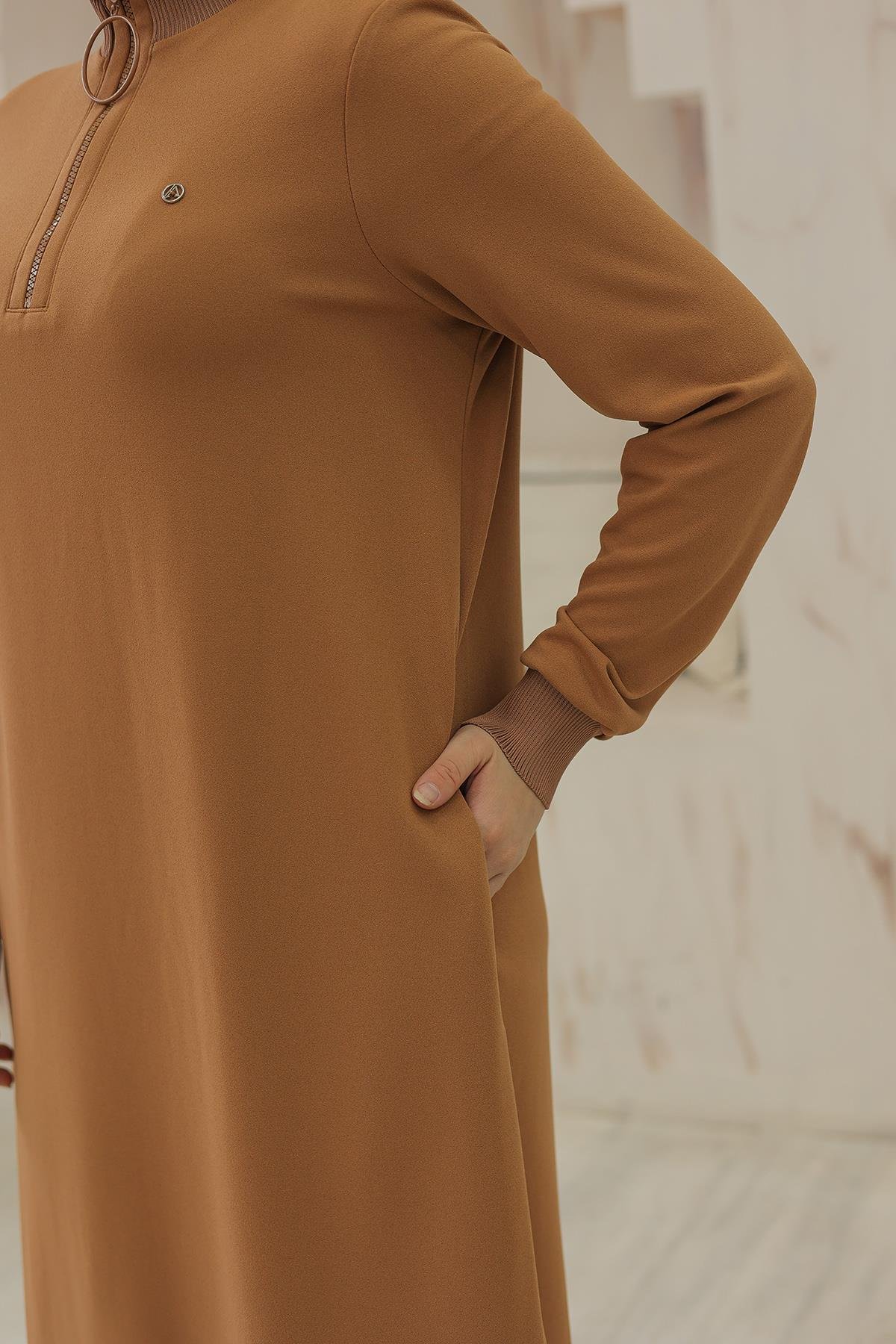 ARMİNE TREND Kolları Ribanalı Yarım Fermuarlı Tunik Camel 24KT436
