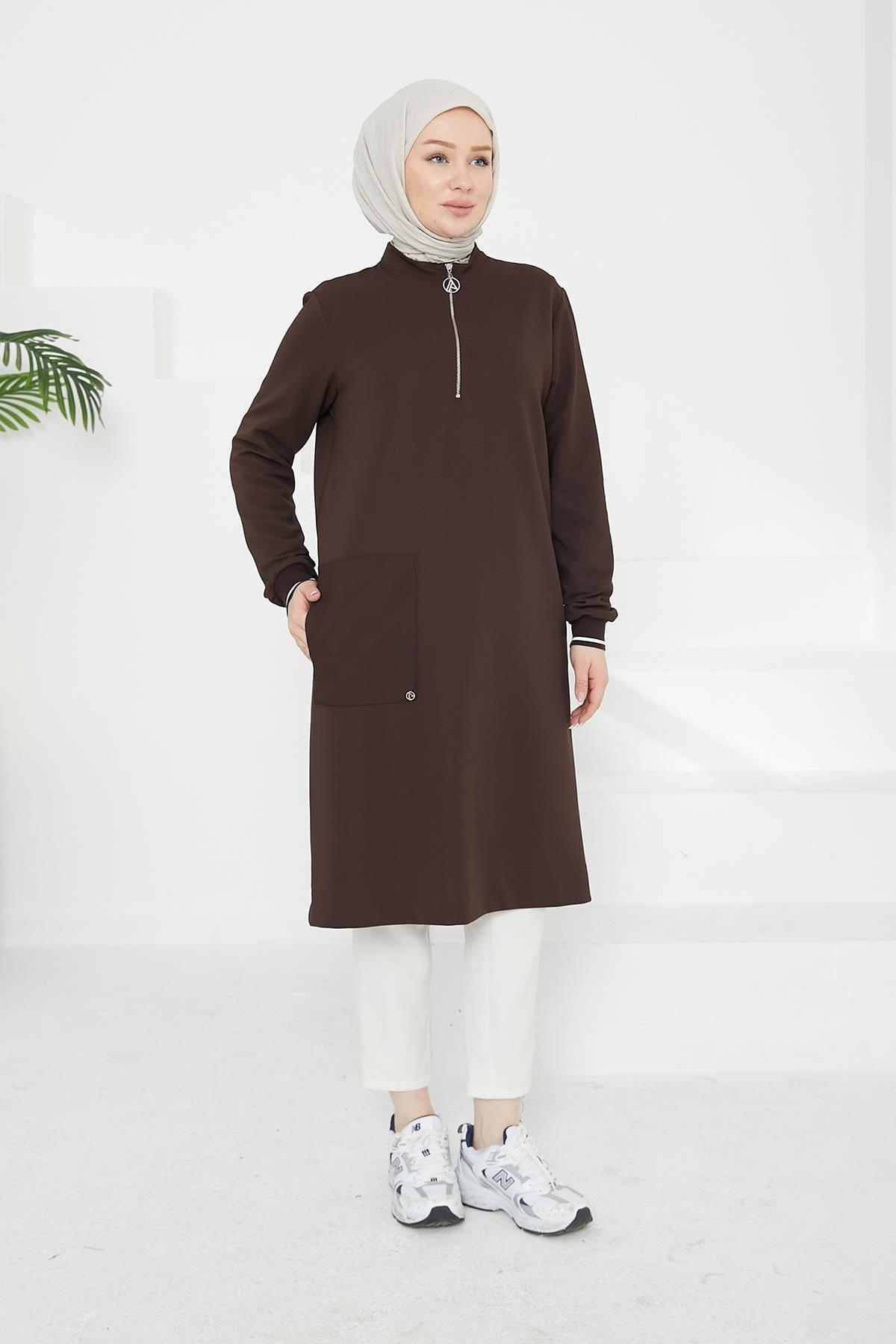 ARMİNE TREND Kolları Ribanalı Yarım Fermuarlı Tunik-Kahverengi 24KT453