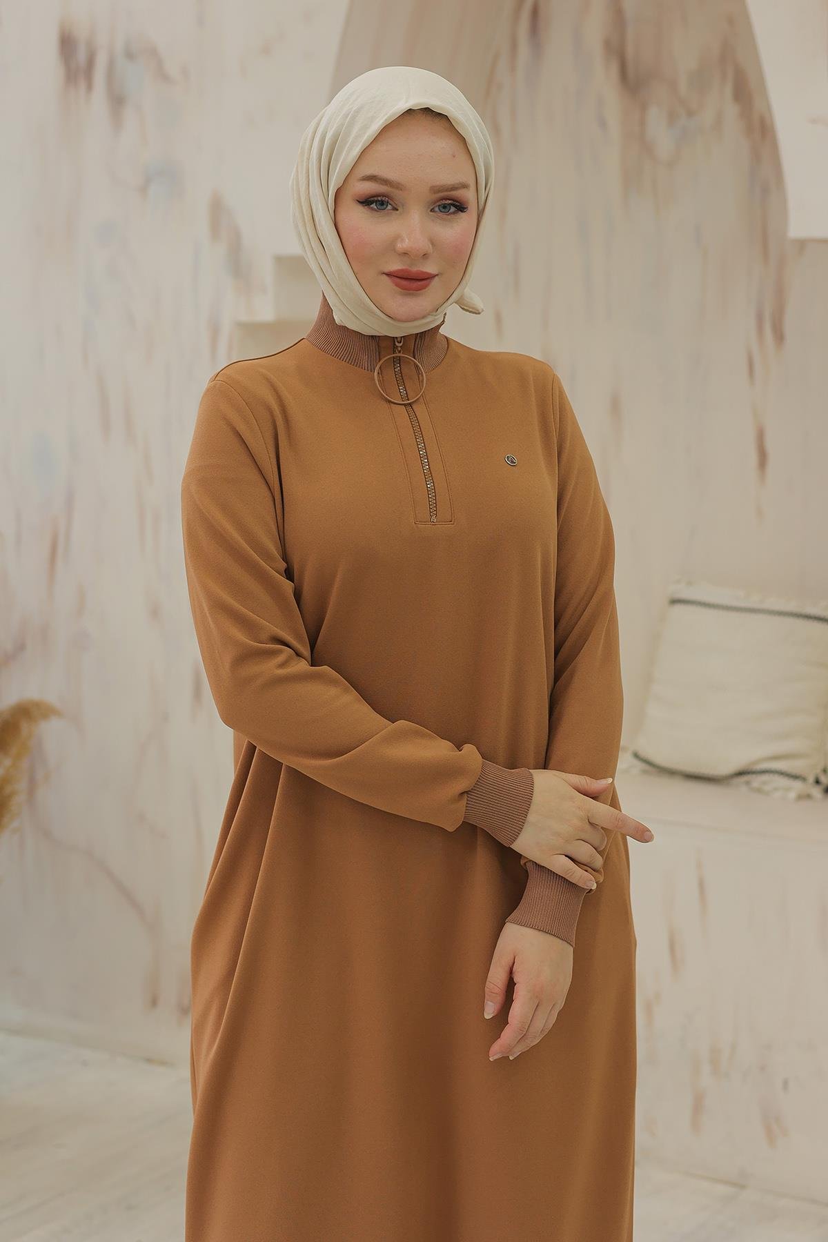 ARMİNE TREND Kolları Ribanalı Yarım Fermuarlı Tunik Camel 24KT436
