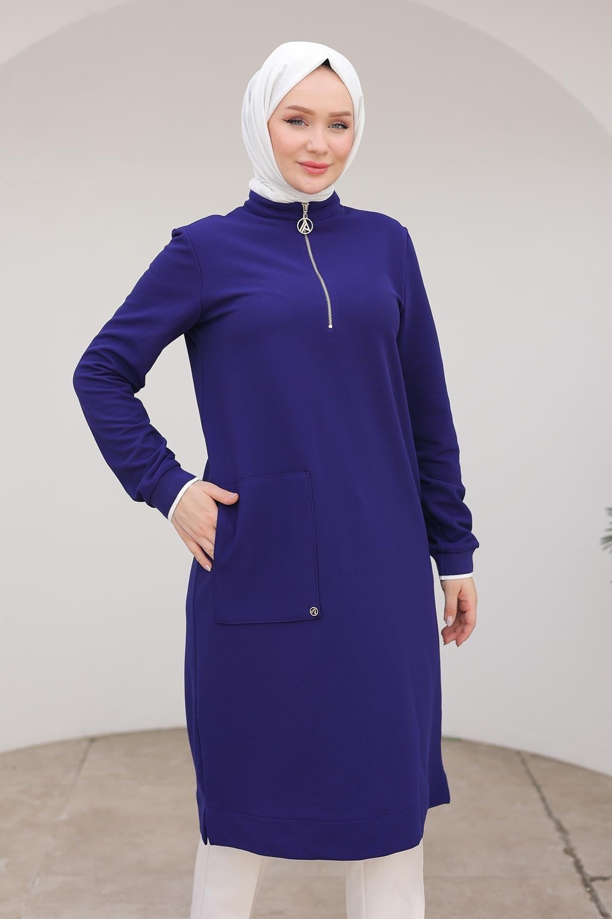 ARMİNE TREND Kolları Ribanalı Yarım Fermuarlı Tunik Morcivert 24KT453