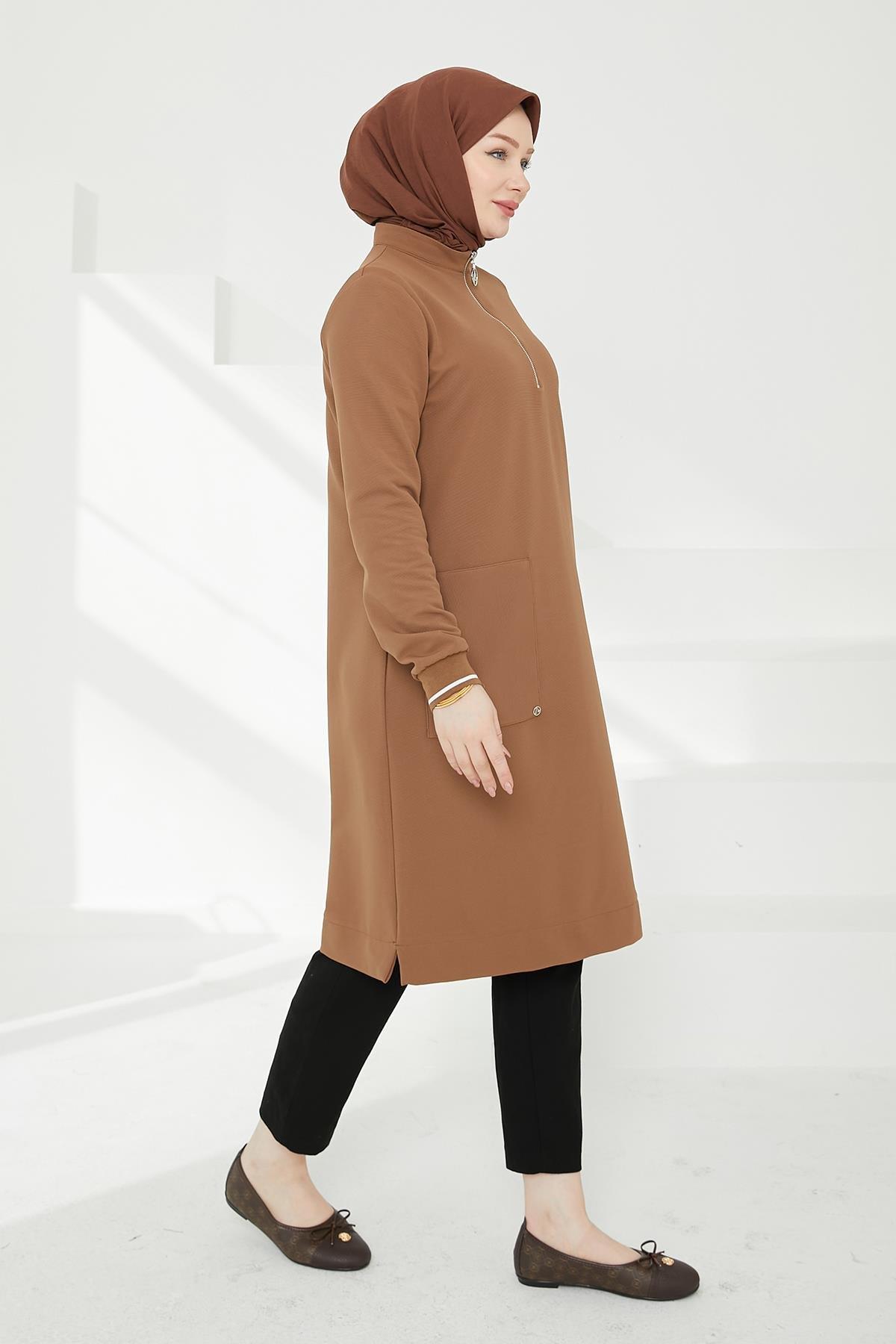 ARMİNE TREND Kolları Ribanalı Yarım Fermuarlı Tunik Camel 24KT453